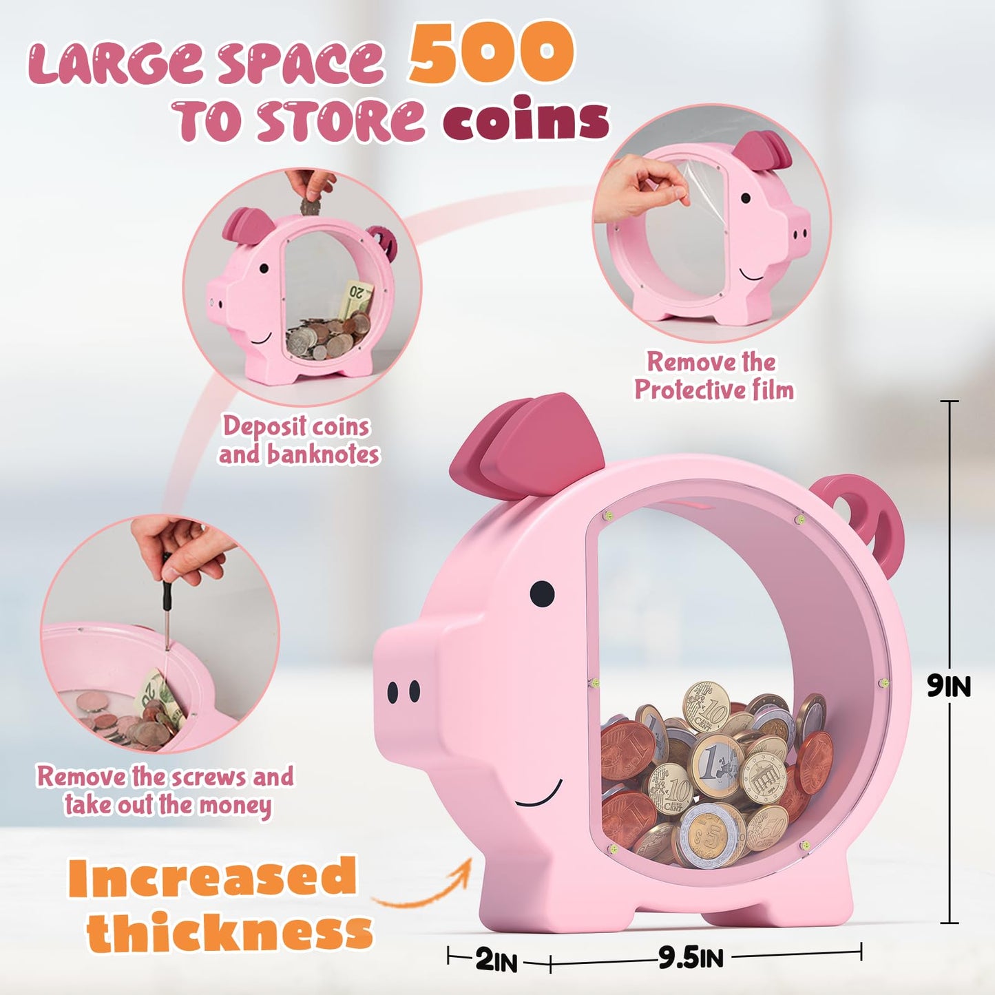KMC Wooden Piggy Bank for Kids Pink – Personalizable Money Box with Clear Panel