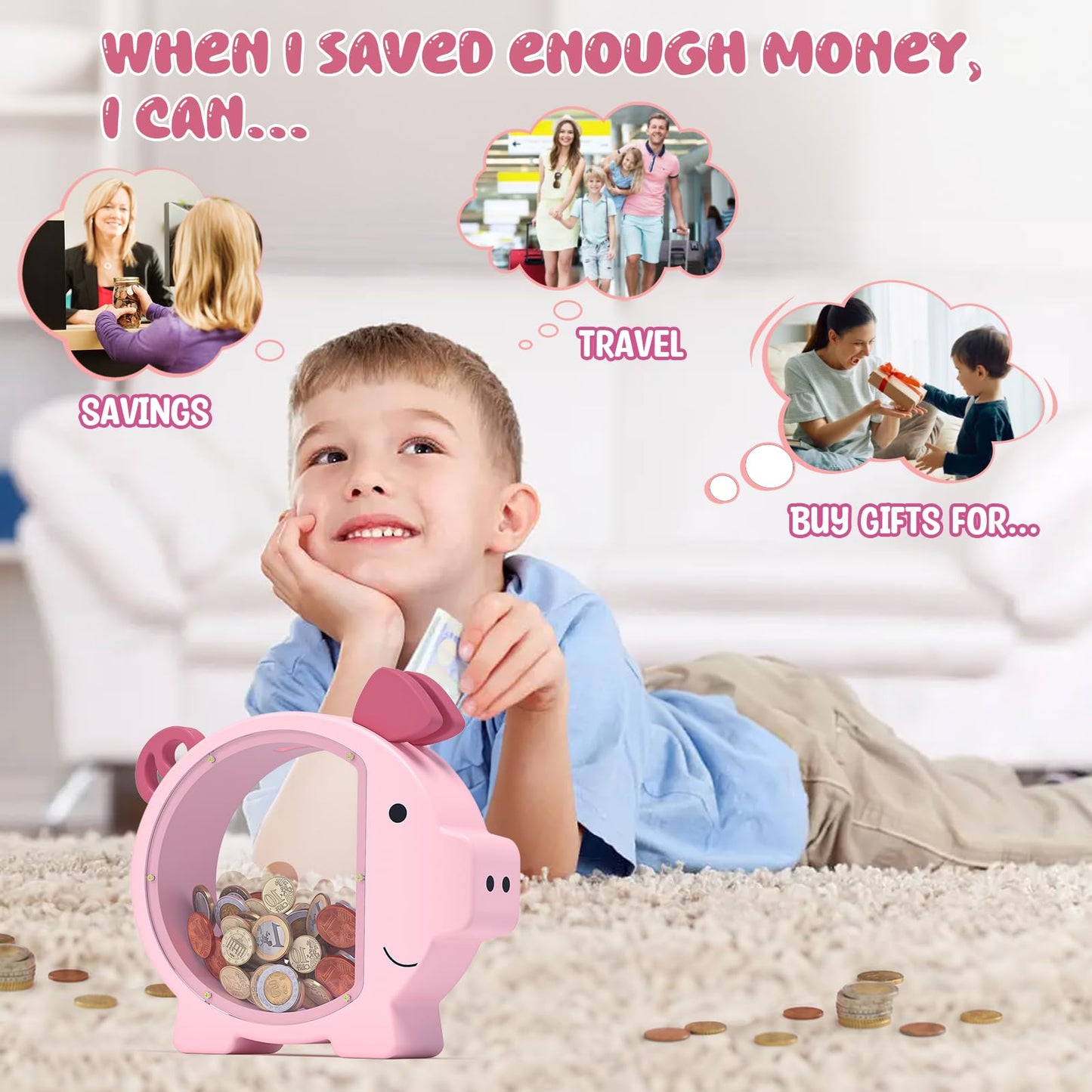 KMC Wooden Piggy Bank for Kids Pink – Personalizable Money Box with Clear Panel