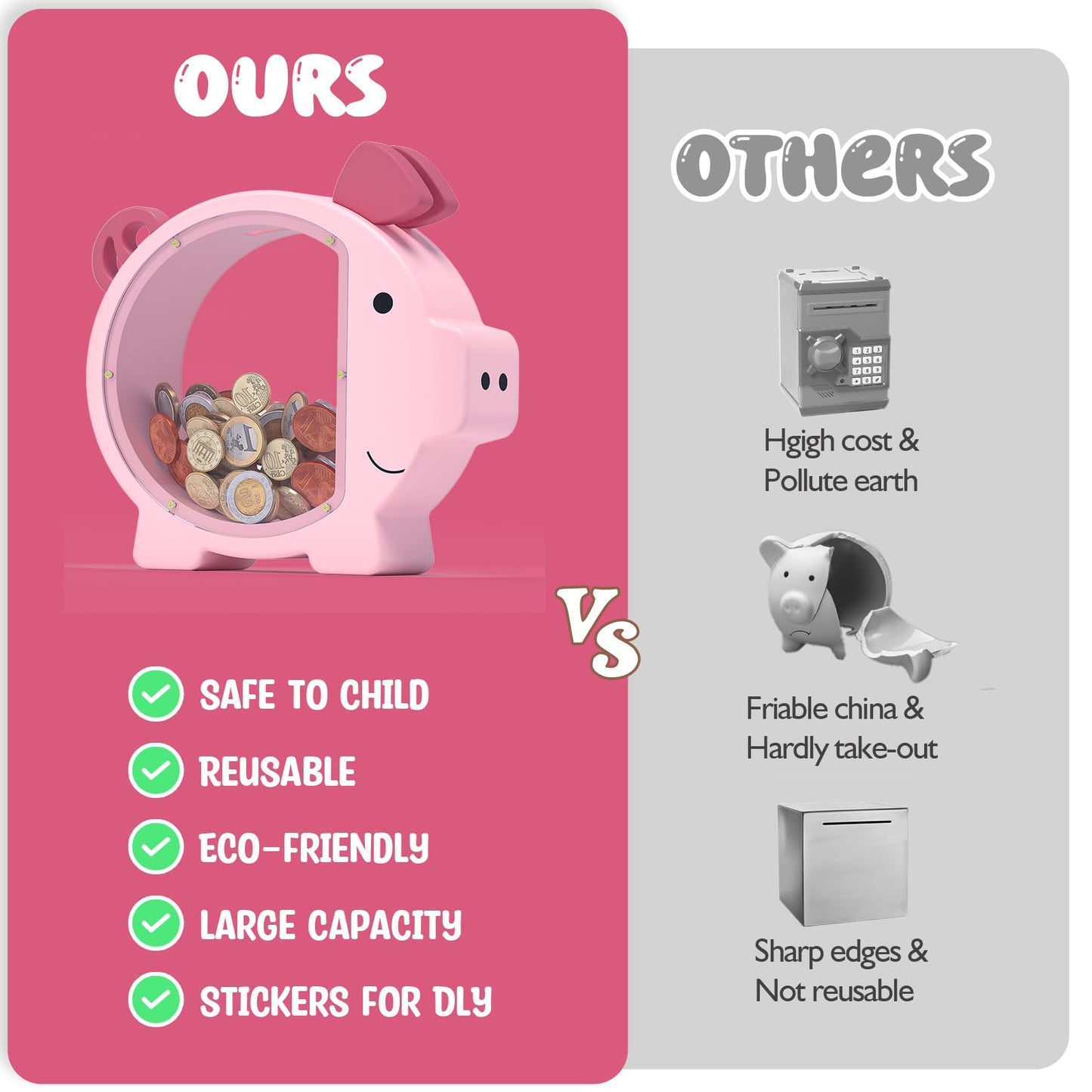 KMC Wooden Piggy Bank for Kids Pink – Personalizable Money Box with Clear Panel