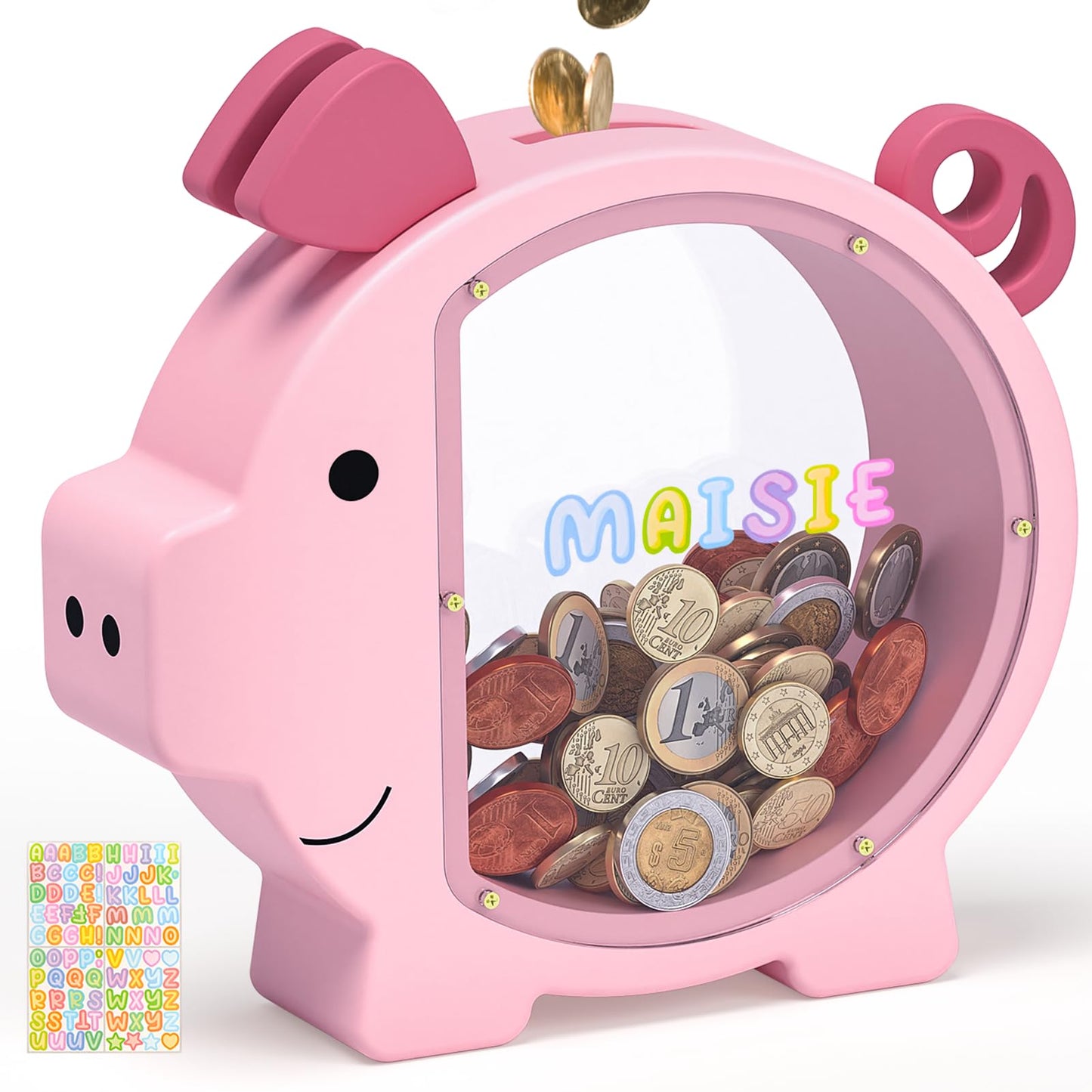 KMC Wooden Piggy Bank for Kids Pink – Personalizable Money Box with Clear Panel