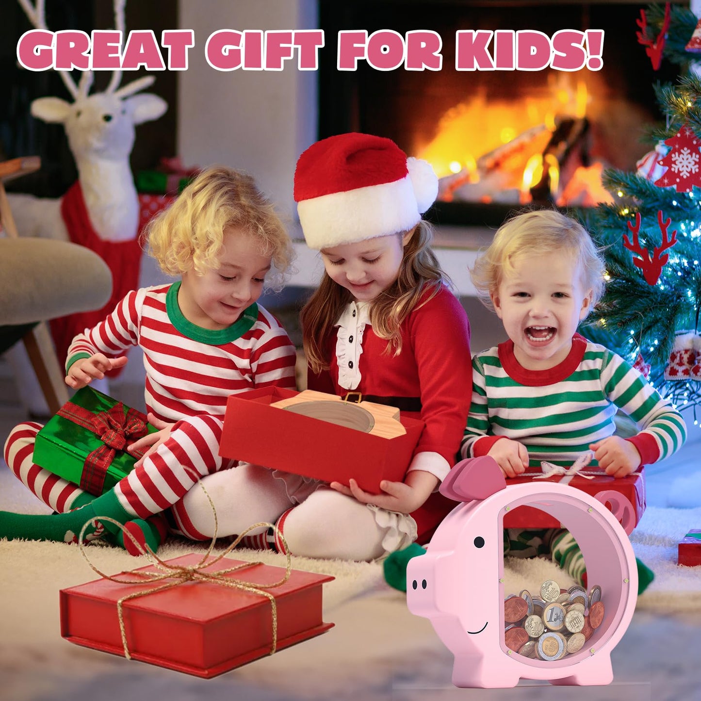 KMC Wooden Piggy Bank for Kids Pink – Personalizable Money Box with Clear Panel