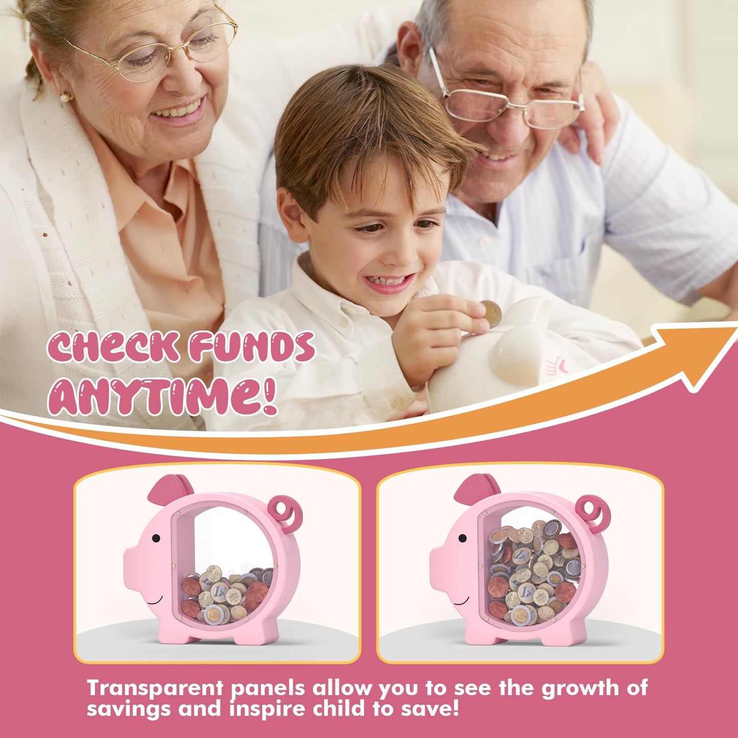 KMC Wooden Piggy Bank for Kids Pink – Personalizable Money Box with Clear Panel