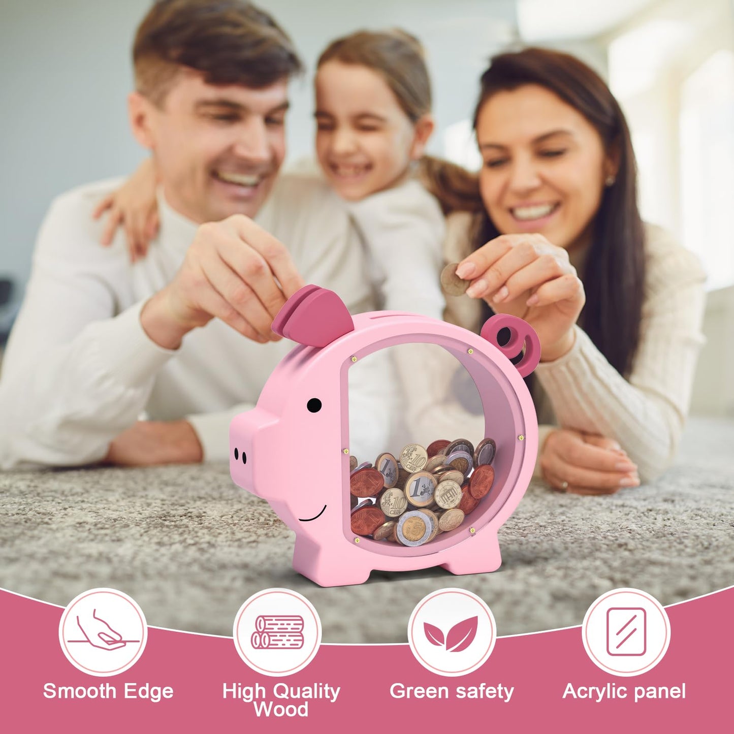 KMC Wooden Piggy Bank for Kids Pink – Personalizable Money Box with Clear Panel