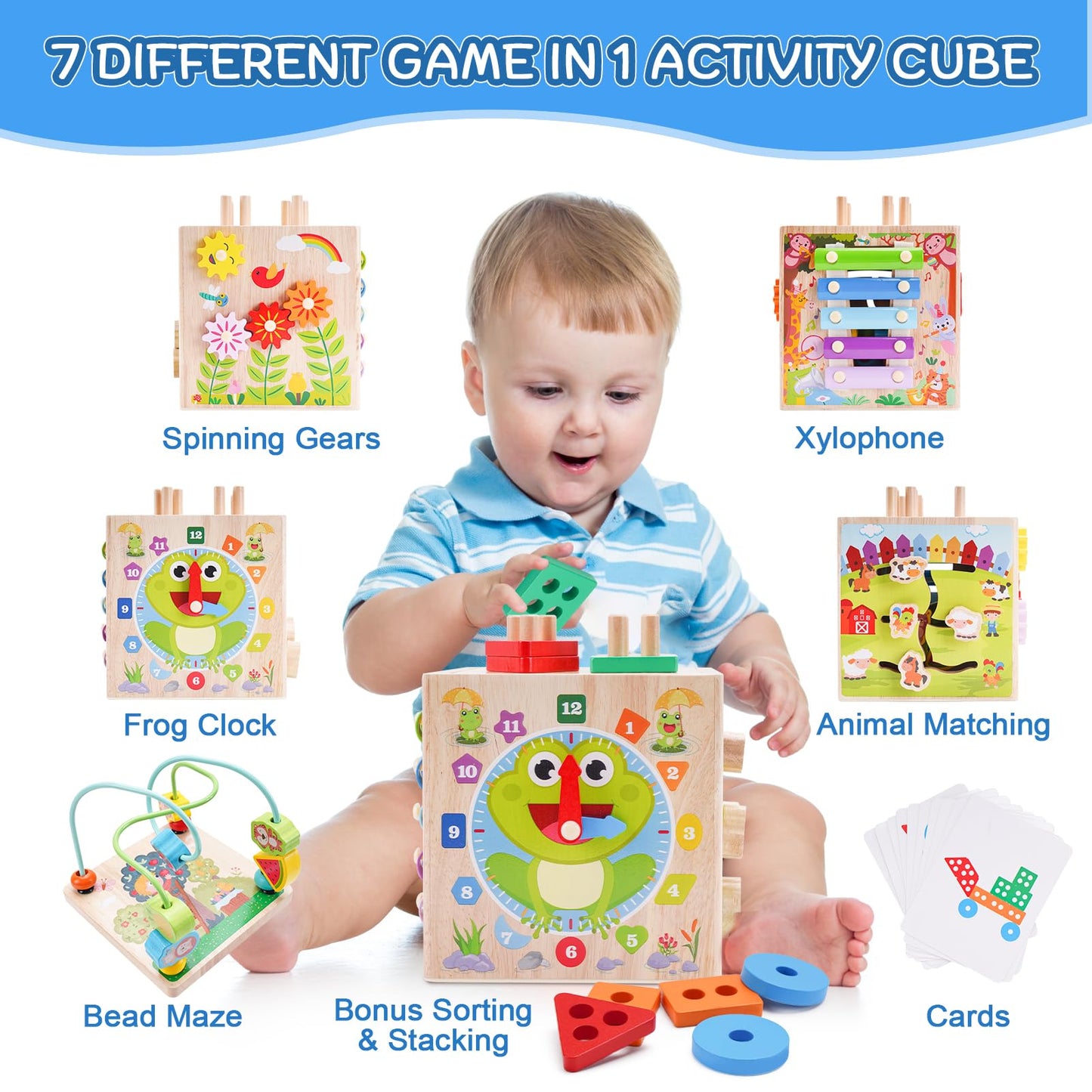 KMTJT Wooden Activity Cube | Montessori Toy for 1-3 Year Olds (Pink) | Gift-Ready