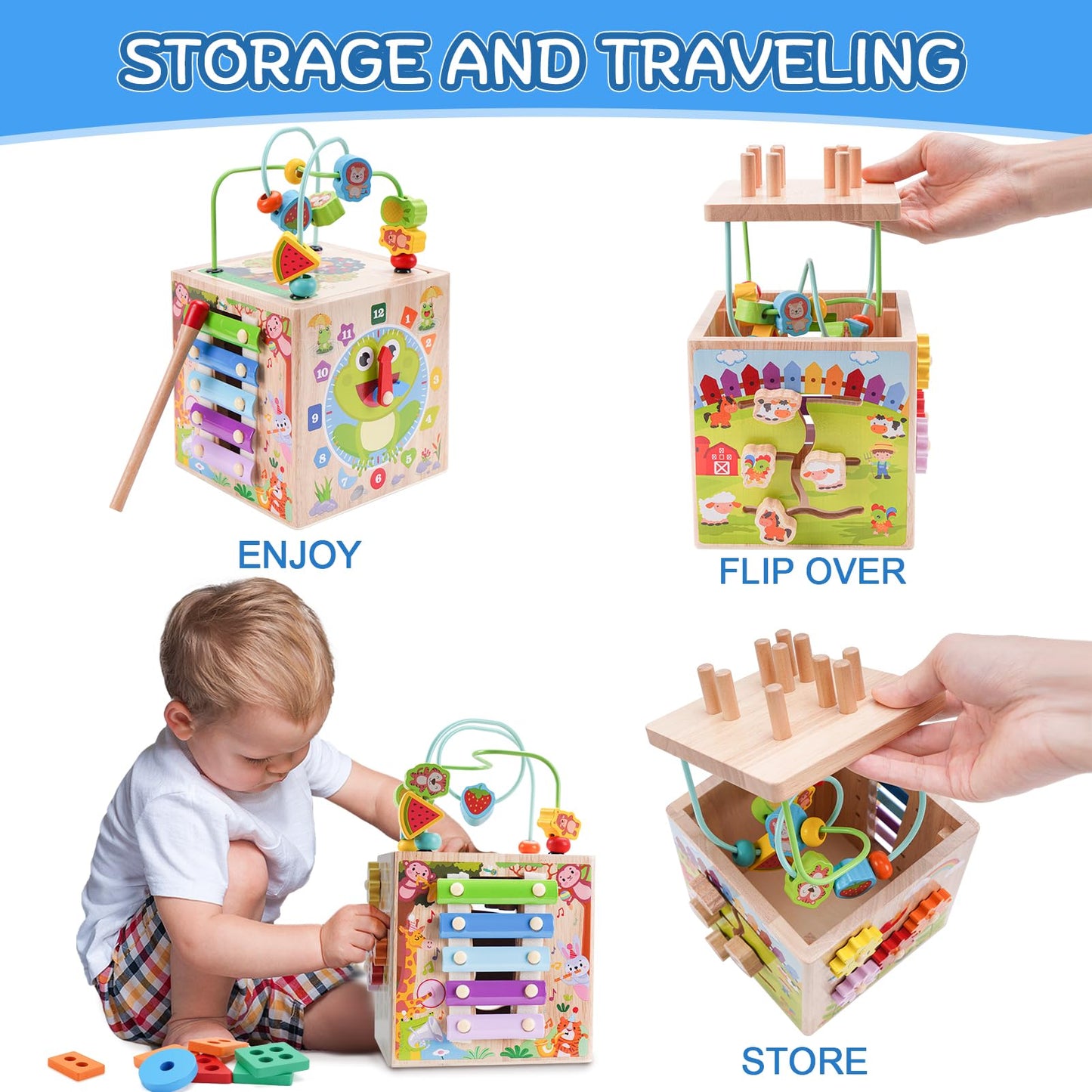 KMTJT Wooden Activity Cube | Montessori Toy for 1-3 Year Olds (Pink) | Gift-Ready