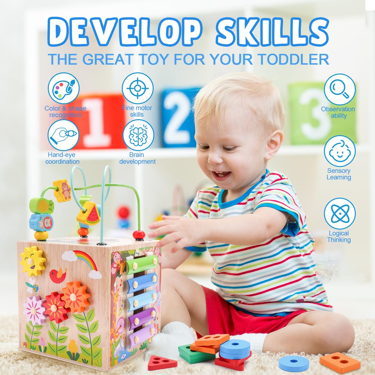 KMTJT Wooden Activity Cube | Montessori Toy for 1-3 Year Olds (Pink) | Gift-Ready