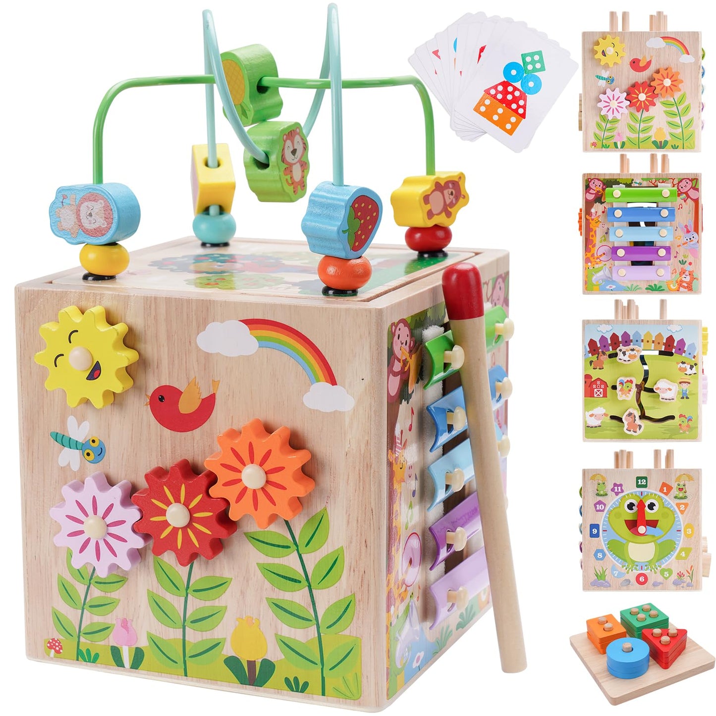 KMTJT Wooden Activity Cube | Montessori Toy for 1-3 Year Olds (Pink) | Gift-Ready