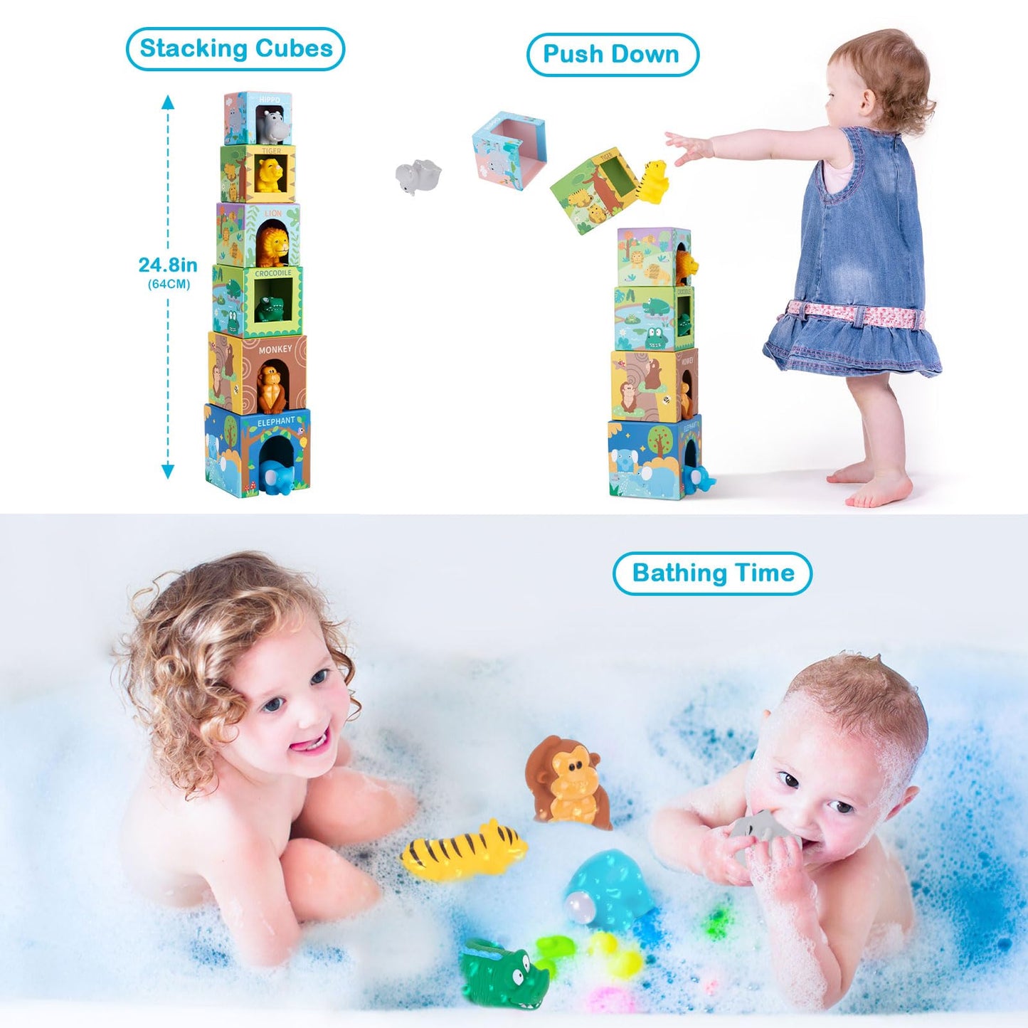 KMTJT Sorting & Stacking Toys for Toddlers | Montessori Blocks, Safari Animal Bath Toys & Numbers Nesting Set