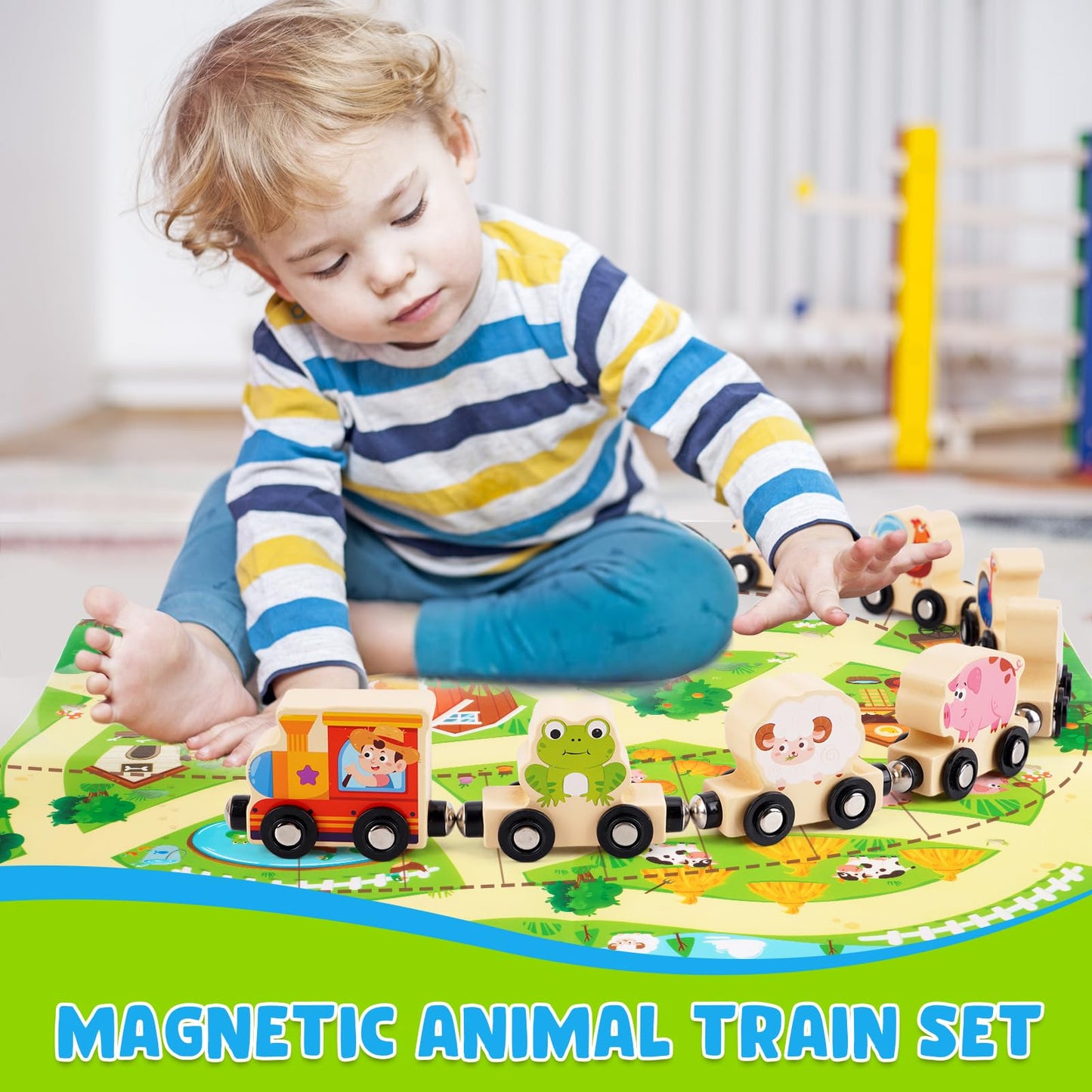 KMTJT Montessori Wooden Train Toy for Toddlers – 11 Animal Carriages + Game Map