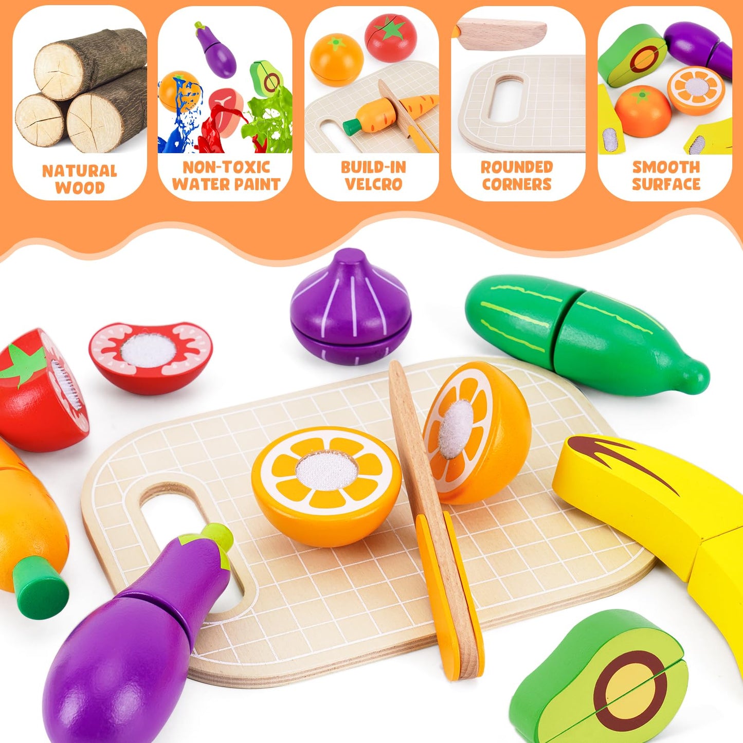 KMTJT Wooden Cutting Food Set – Pretend Play Fruits & Veggies for 1–3 Year Olds