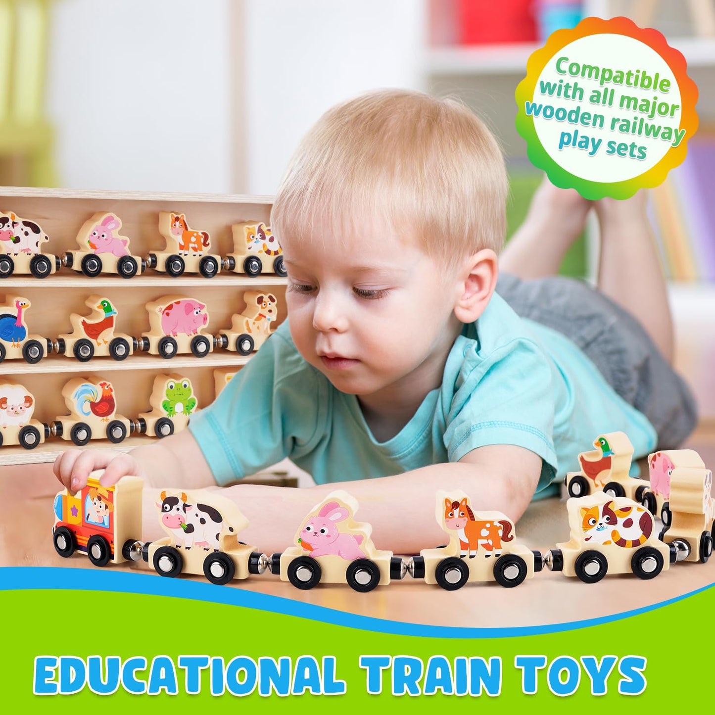 KMTJT Montessori Wooden Train Toy for Toddlers – 11 Animal Carriages + Game Map