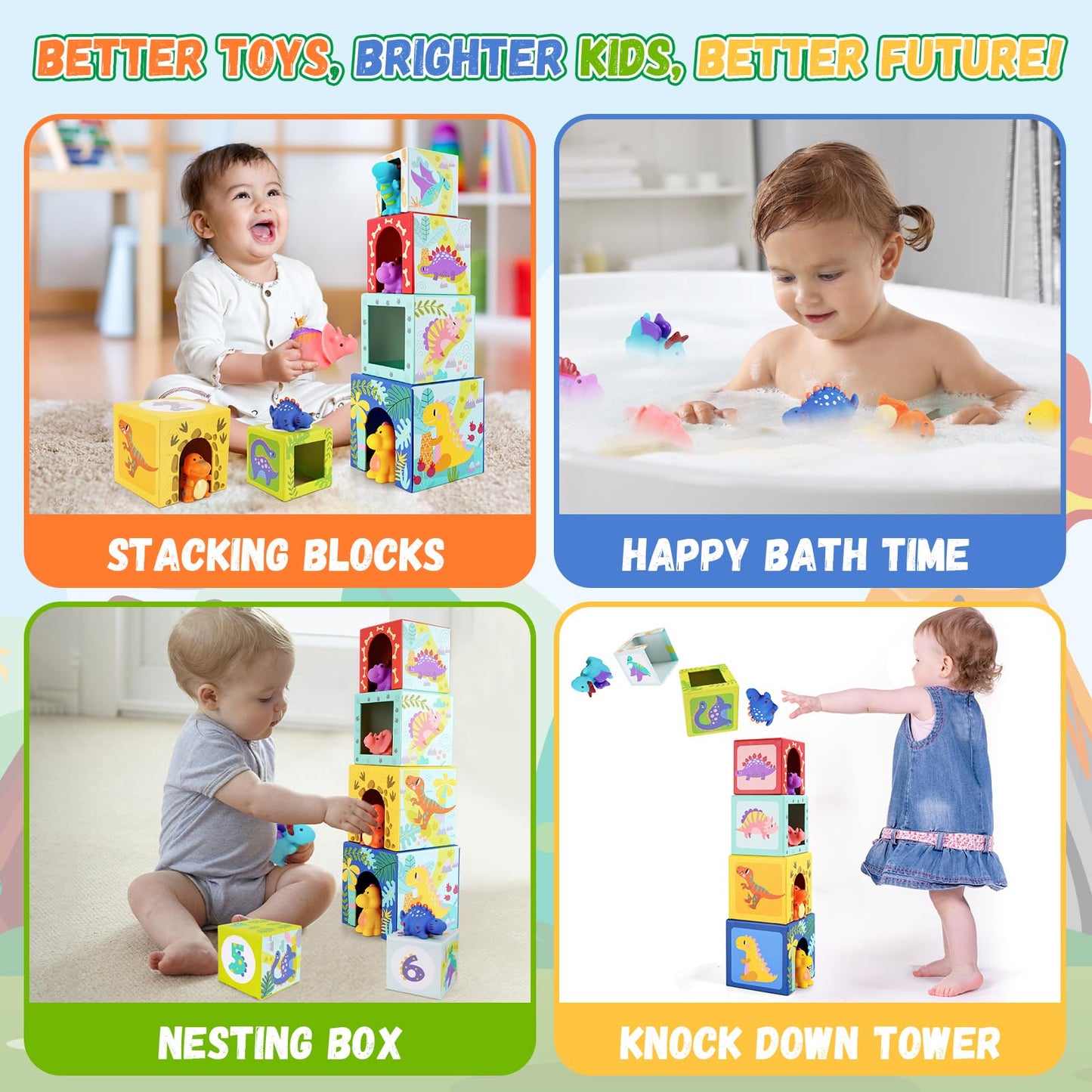KMTJT Dinosaur Sorting & Stacking Blocks for Toddlers 1-3 | Montessori Toys