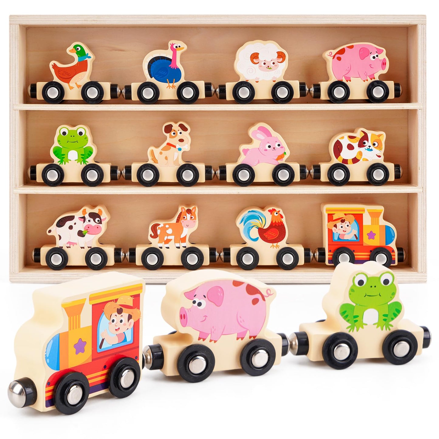 KMTJT Montessori Wooden Train Toy for Toddlers – 11 Animal Carriages + Game Map