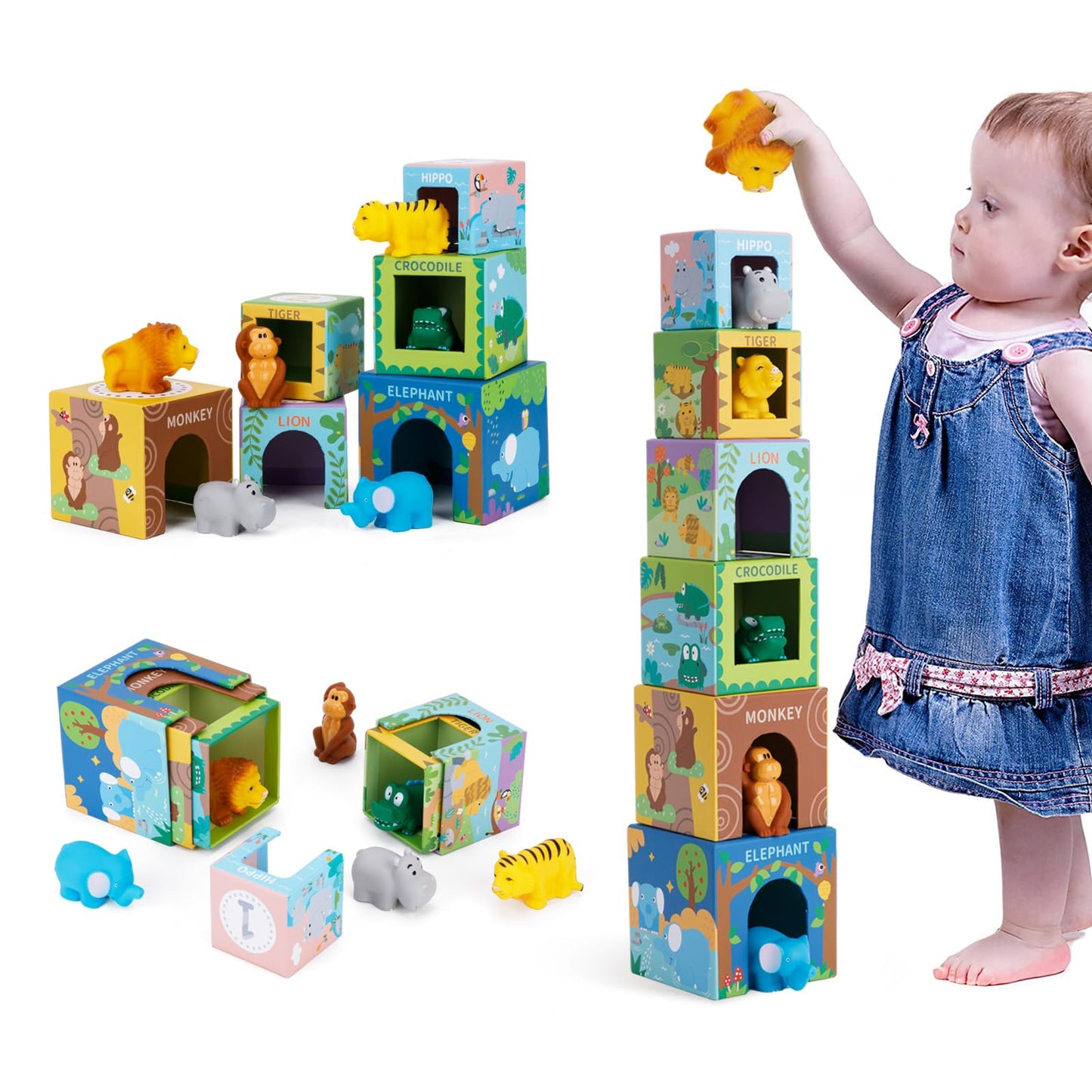 KMTJT Sorting & Stacking Toys for Toddlers | Montessori Blocks, Safari Animal Bath Toys & Numbers Nesting Set