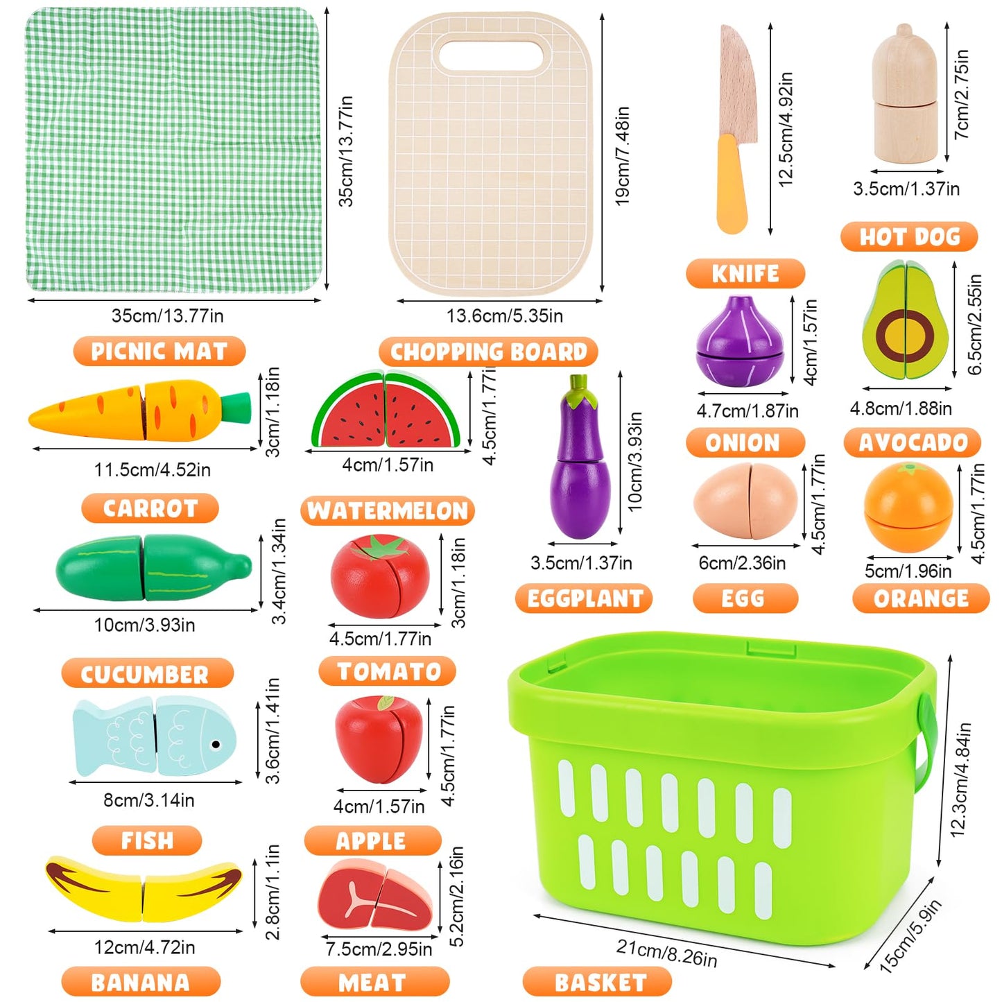 KMTJT Wooden Cutting Food Set – Pretend Play Fruits & Veggies for 1–3 Year Olds