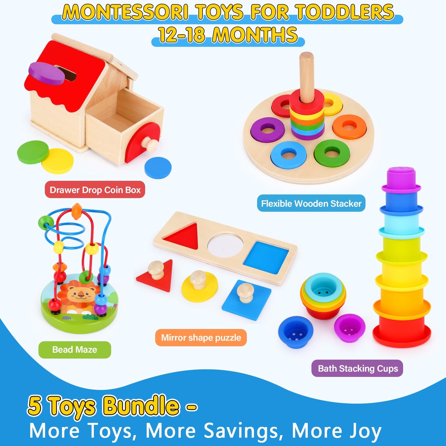 KMTJT Montessori Toys for 12-18 Months | Stacking Cups & Bead Maze
