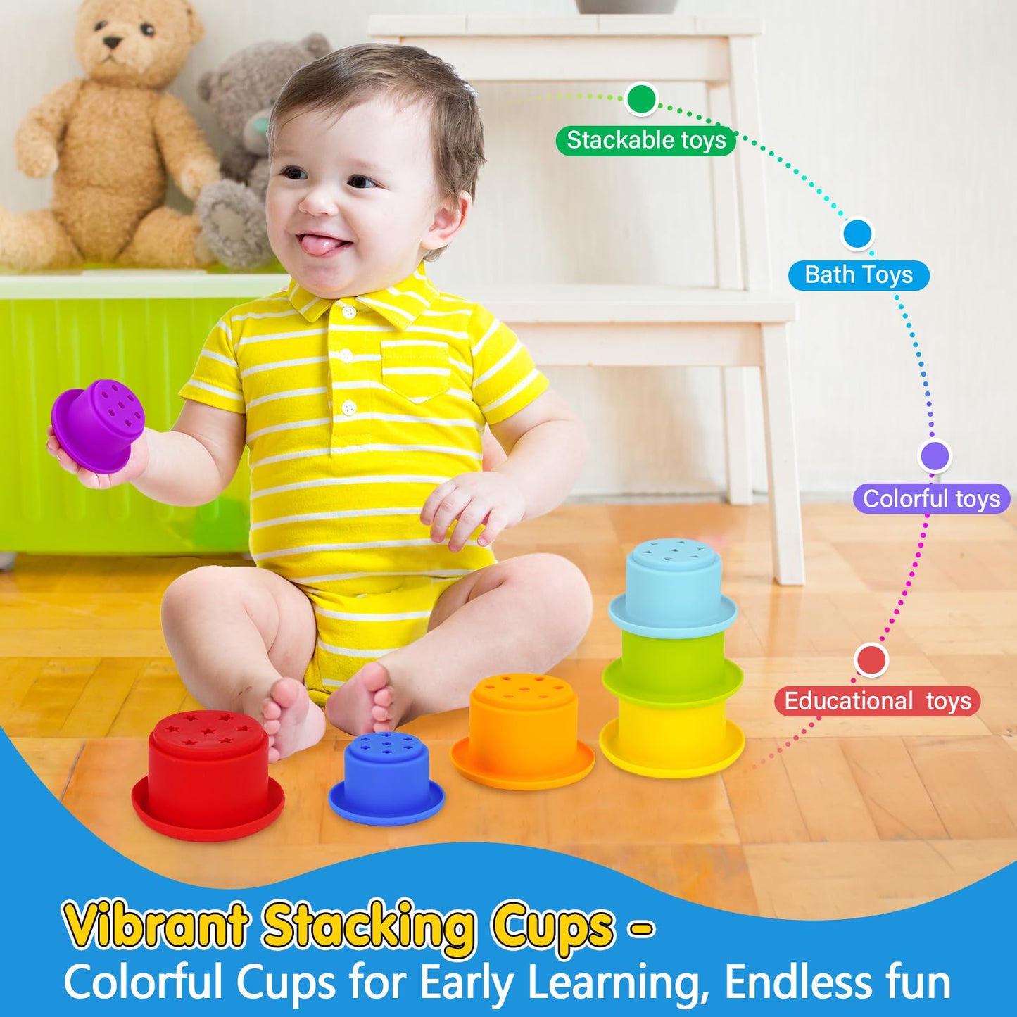 KMTJT Montessori Toys for 12-18 Months | Stacking Cups & Bead Maze