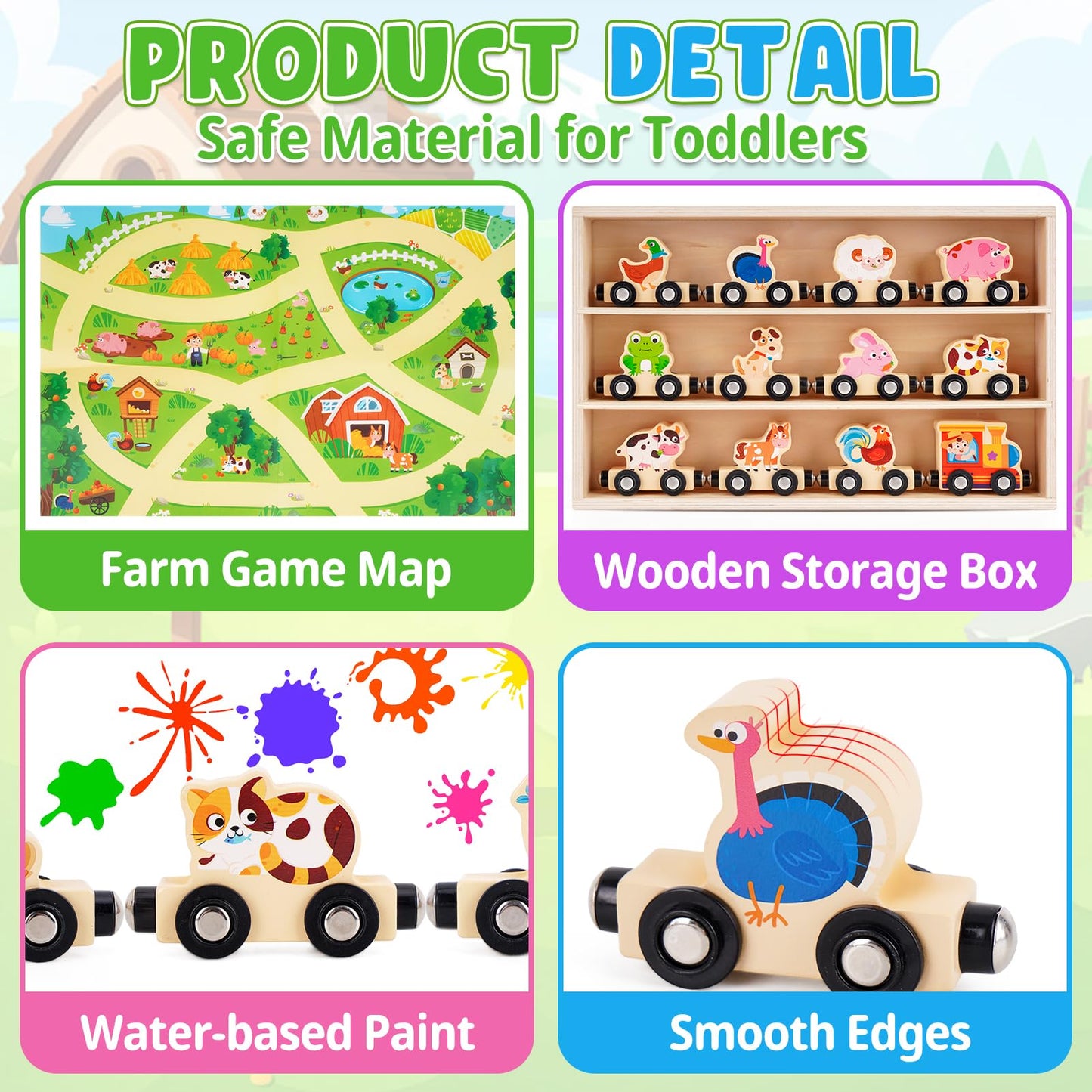 KMTJT Montessori Wooden Train Toy for Toddlers – 11 Animal Carriages + Game Map
