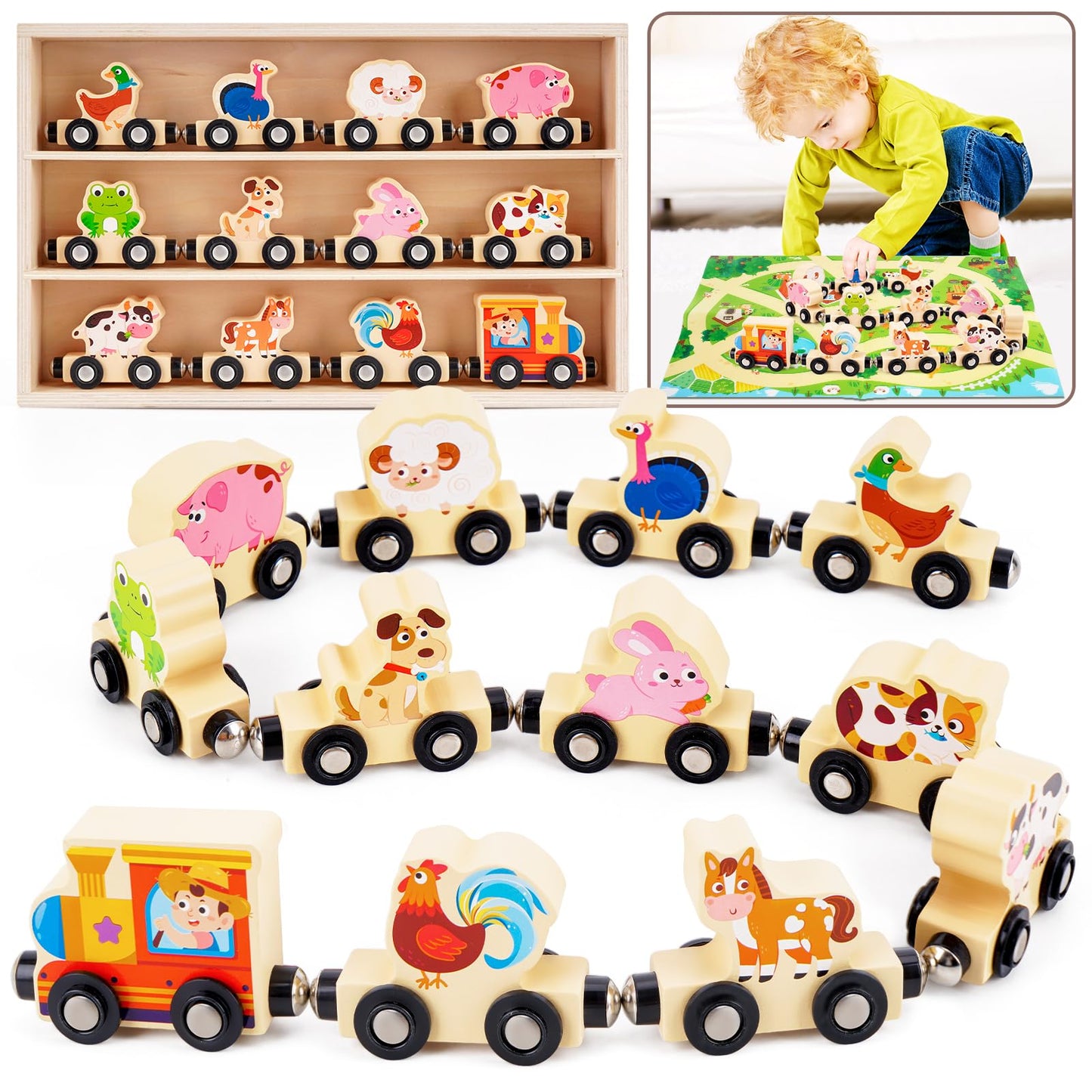 KMTJT Montessori Wooden Train Toy for Toddlers – 11 Animal Carriages + Game Map