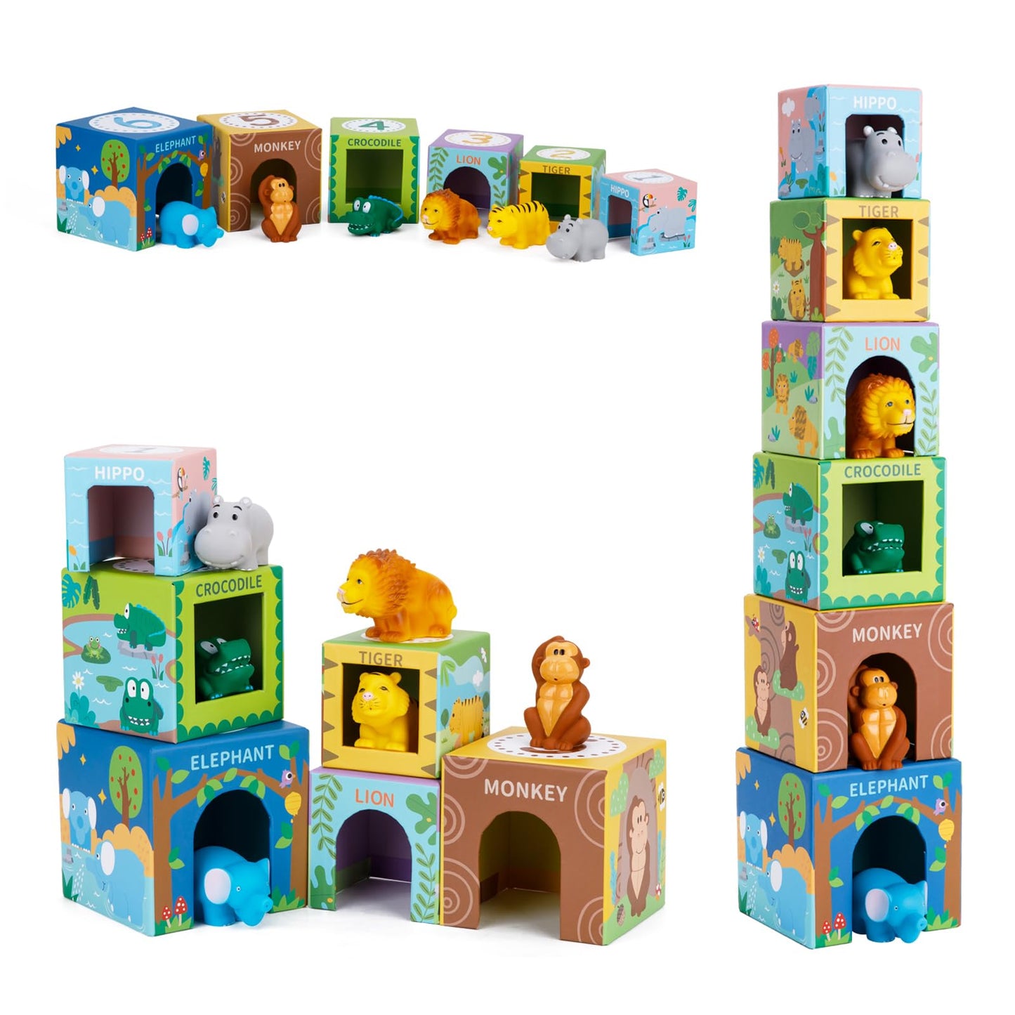 KMTJT Sorting & Stacking Toys for Toddlers | Montessori Blocks, Safari Animal Bath Toys & Numbers Nesting Set