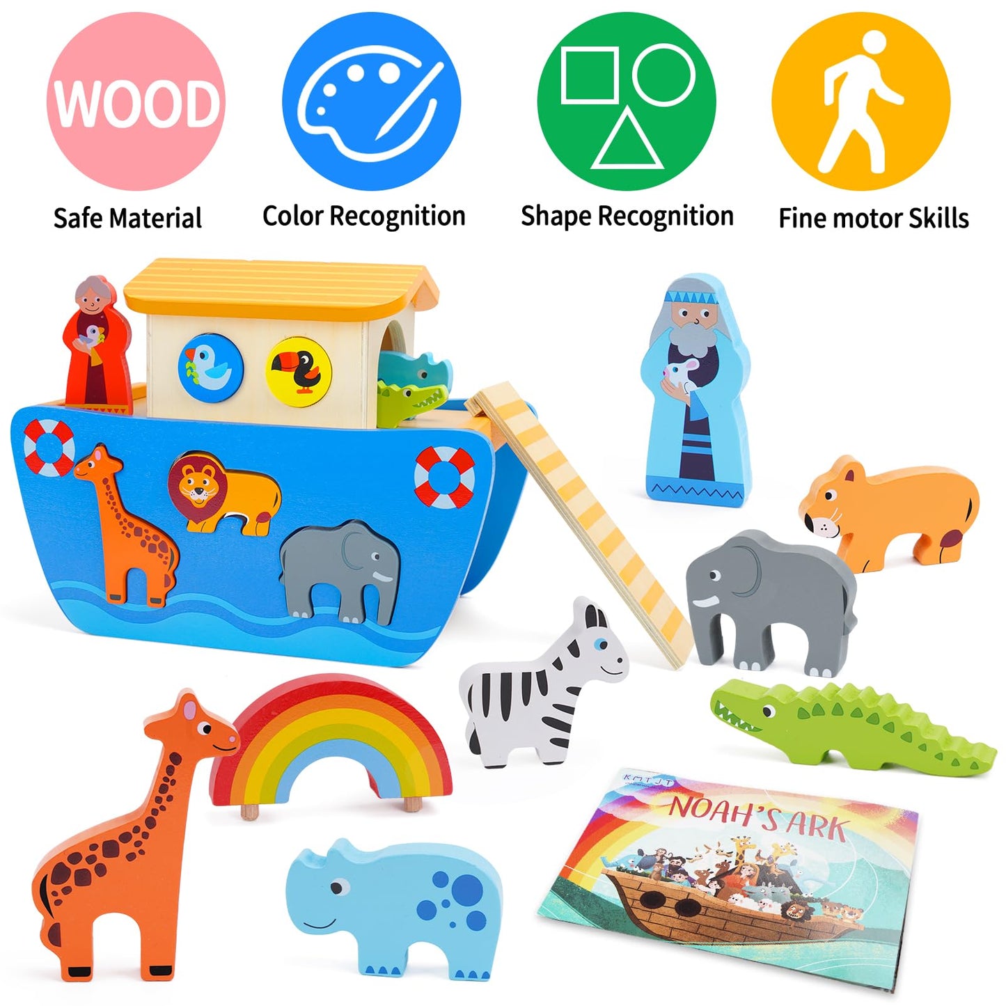 KMTJT Noah's Ark Wooden Toy — Montessori Shape Sorter for Toddlers, Baptism Gift