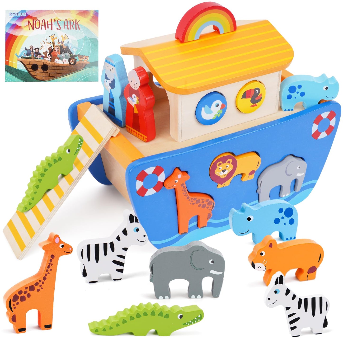KMTJT Noah's Ark Wooden Toy — Montessori Shape Sorter for Toddlers, Baptism Gift