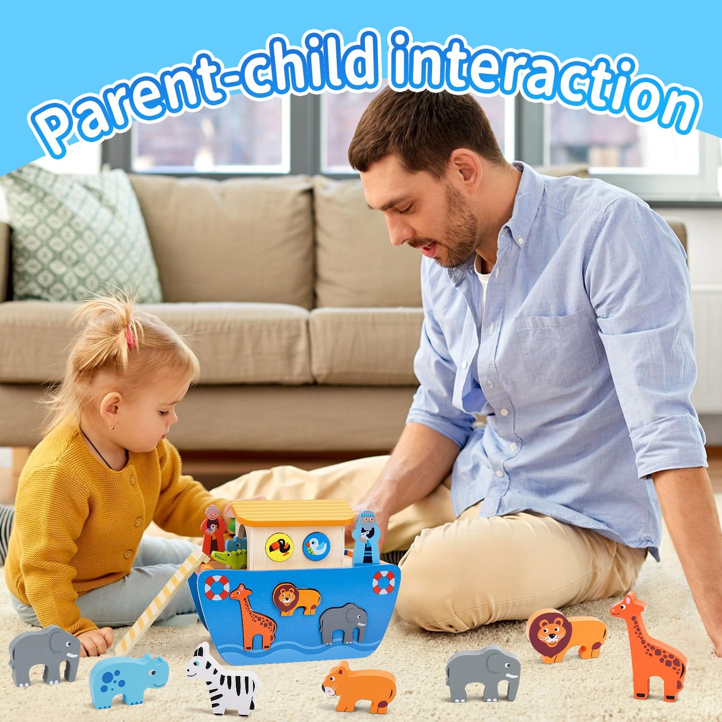 KMTJT Noah's Ark Wooden Toy — Montessori Shape Sorter for Toddlers, Baptism Gift