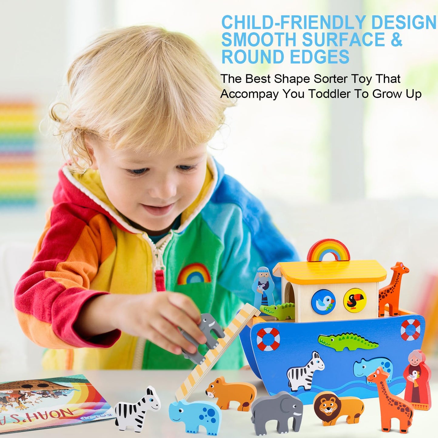 KMTJT Noah's Ark Wooden Toy — Montessori Shape Sorter for Toddlers, Baptism Gift