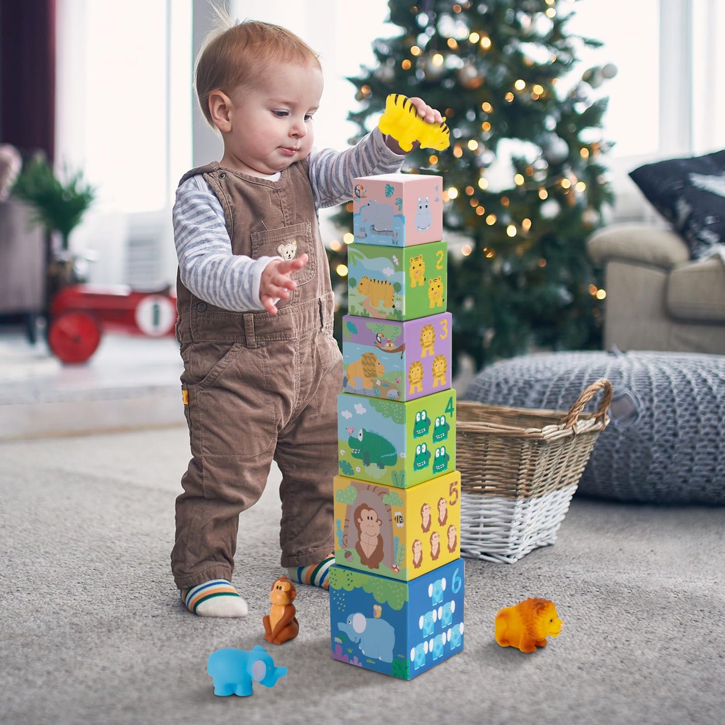 KMTJT Sorting & Stacking Toys for Toddlers | Montessori Blocks, Safari Animal Bath Toys & Numbers Nesting Set