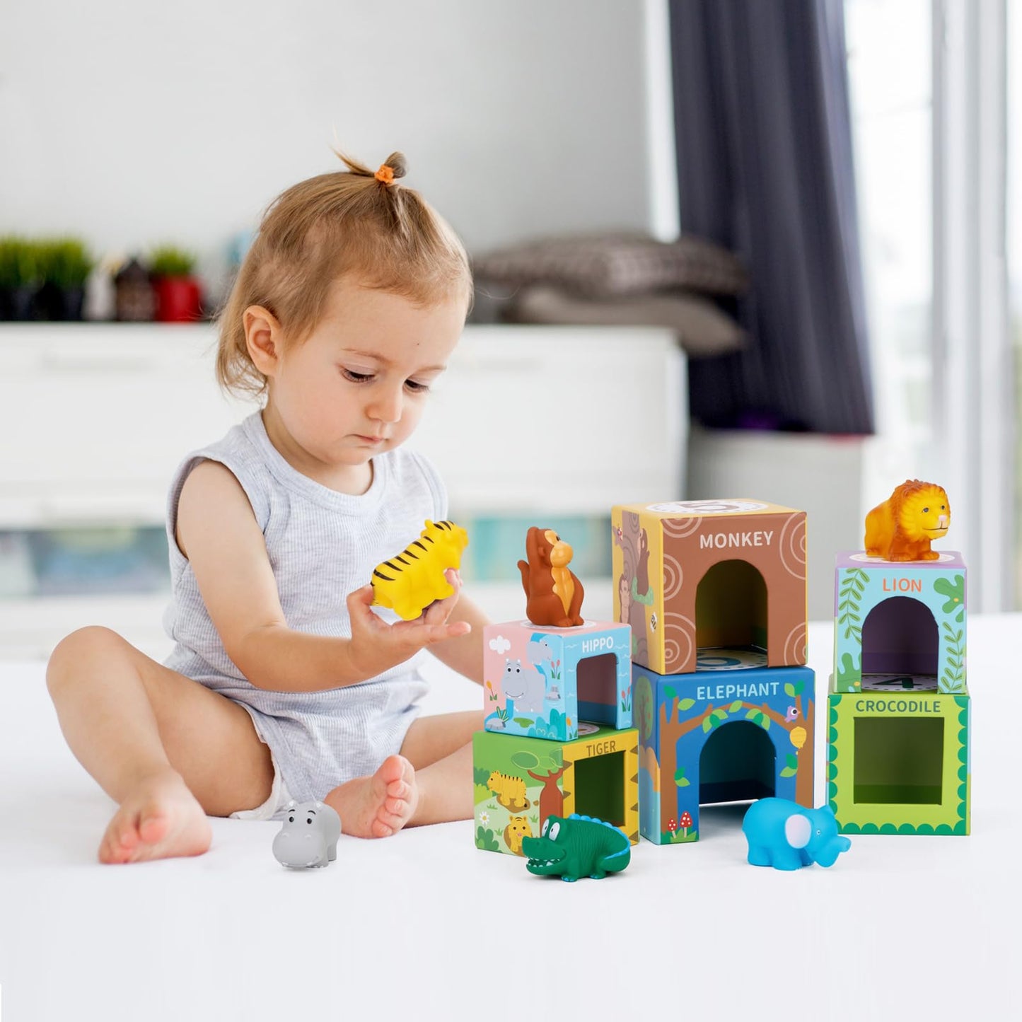 KMTJT Sorting & Stacking Toys for Toddlers | Montessori Blocks, Safari Animal Bath Toys & Numbers Nesting Set