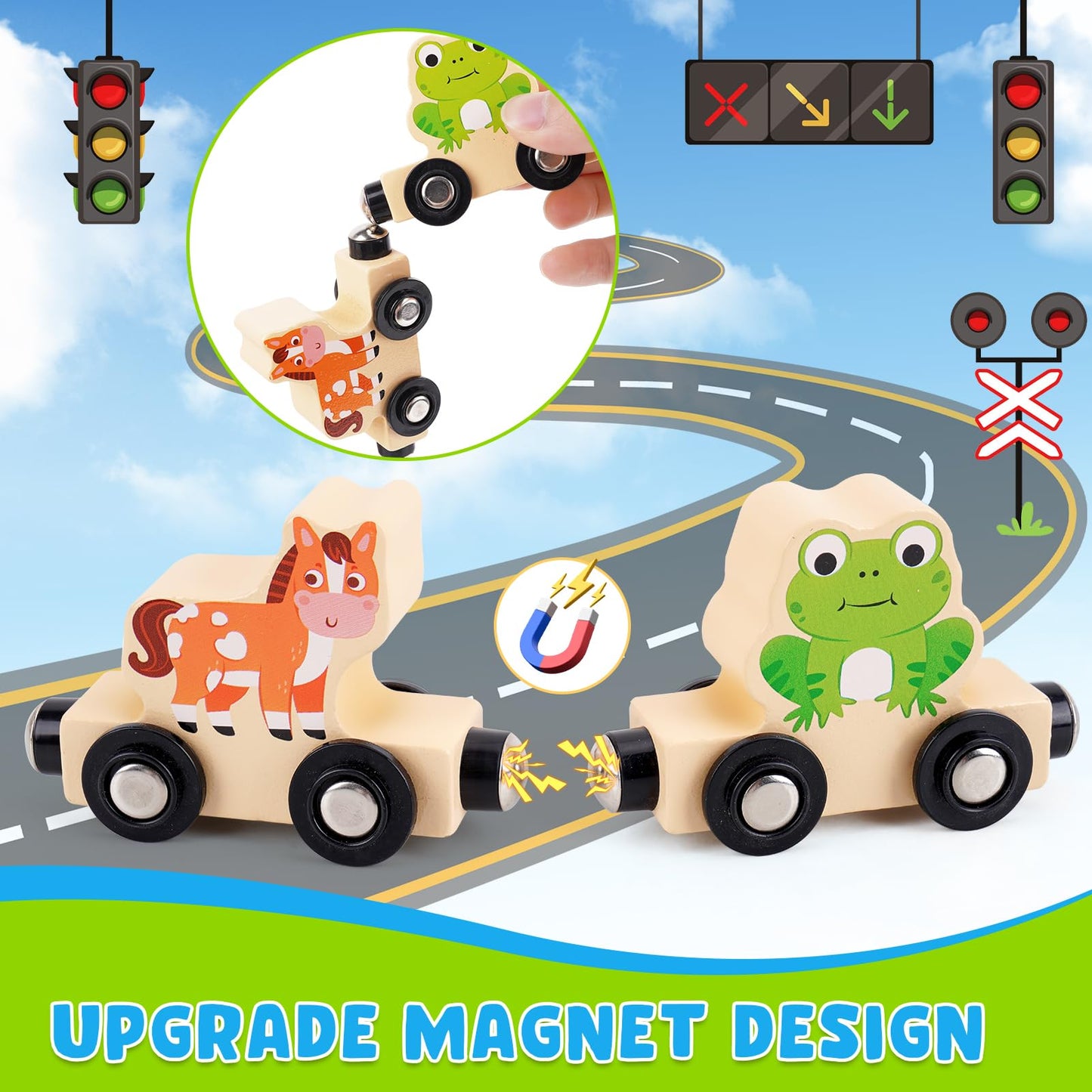 KMTJT Montessori Wooden Train Toy for Toddlers – 11 Animal Carriages + Game Map