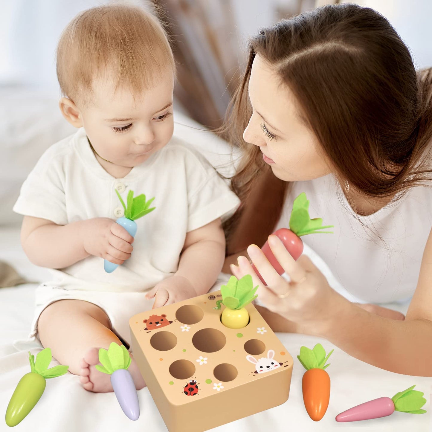 KMTJT Montessori Wooden Macron Carrot Harvest Game — Sorting & STEM Toy for Toddlers 2-3