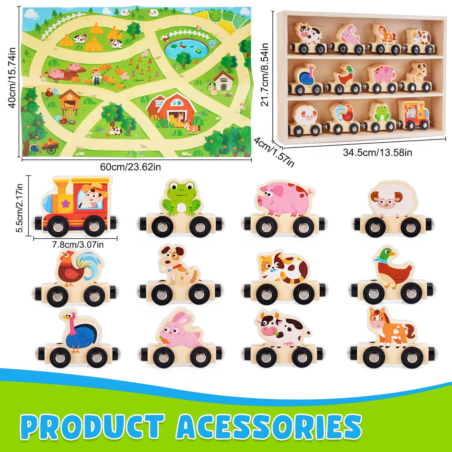 KMTJT Montessori Wooden Train Toy for Toddlers – 11 Animal Carriages + Game Map