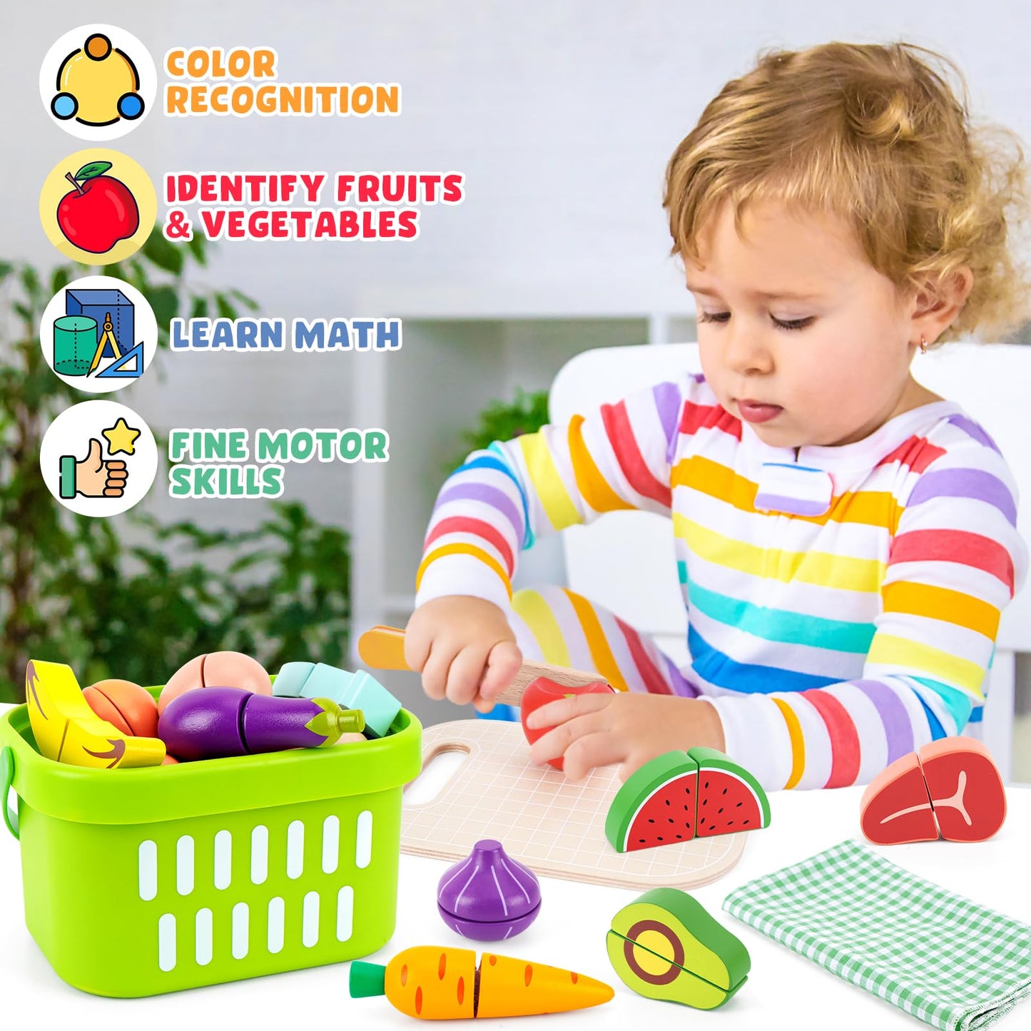 KMTJT Wooden Cutting Food Set – Pretend Play Fruits & Veggies for 1–3 Year Olds