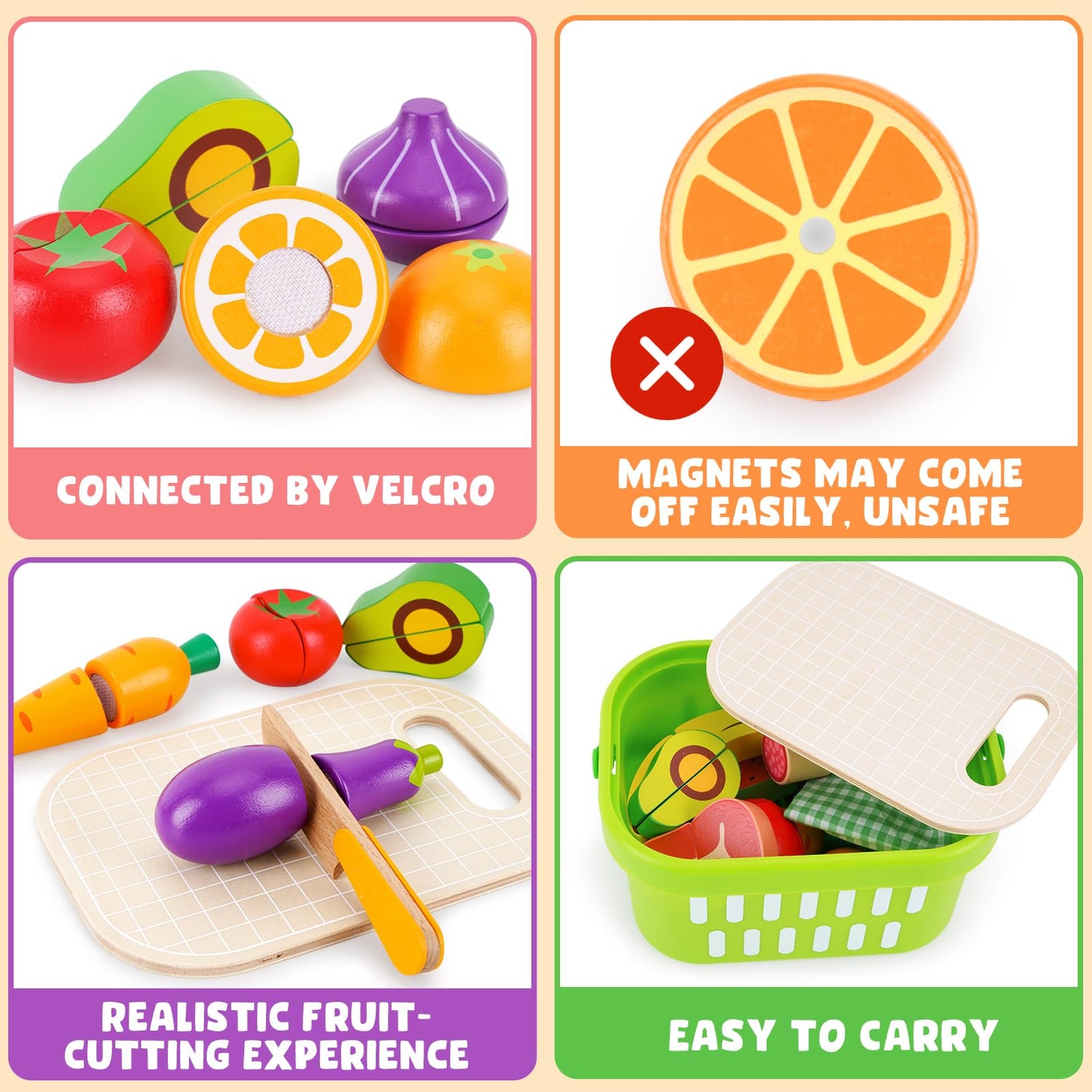 KMTJT Wooden Cutting Food Set – Pretend Play Fruits & Veggies for 1–3 Year Olds