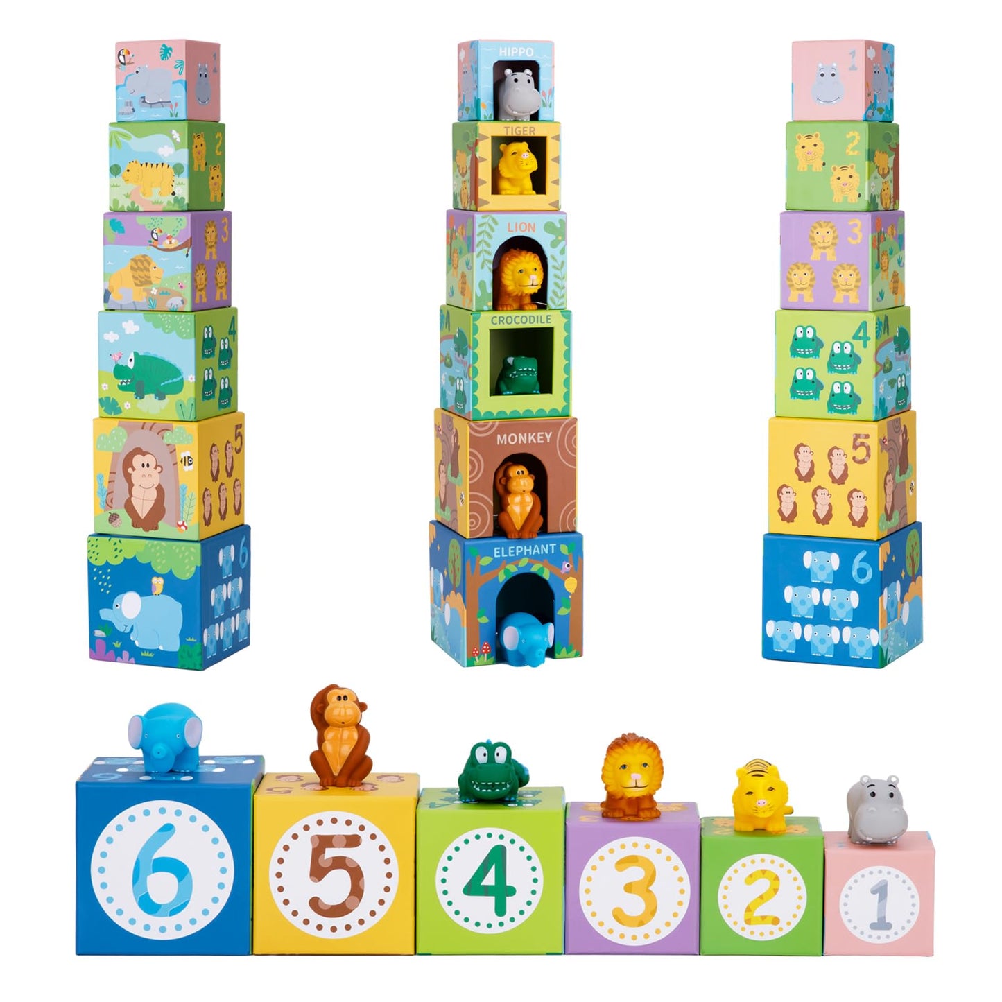 KMTJT Sorting & Stacking Toys for Toddlers | Montessori Blocks, Safari Animal Bath Toys & Numbers Nesting Set