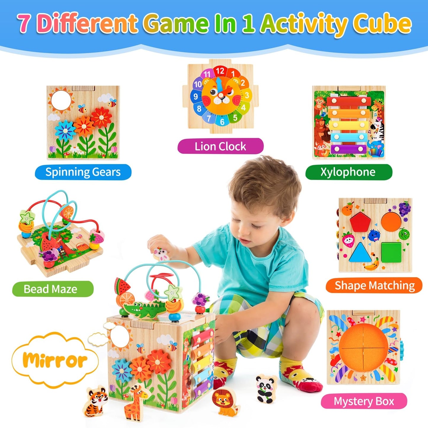 KMTJT Wooden Activity Cube | Montessori Toys for 12+ Months | 7-in-1 Learning Cube