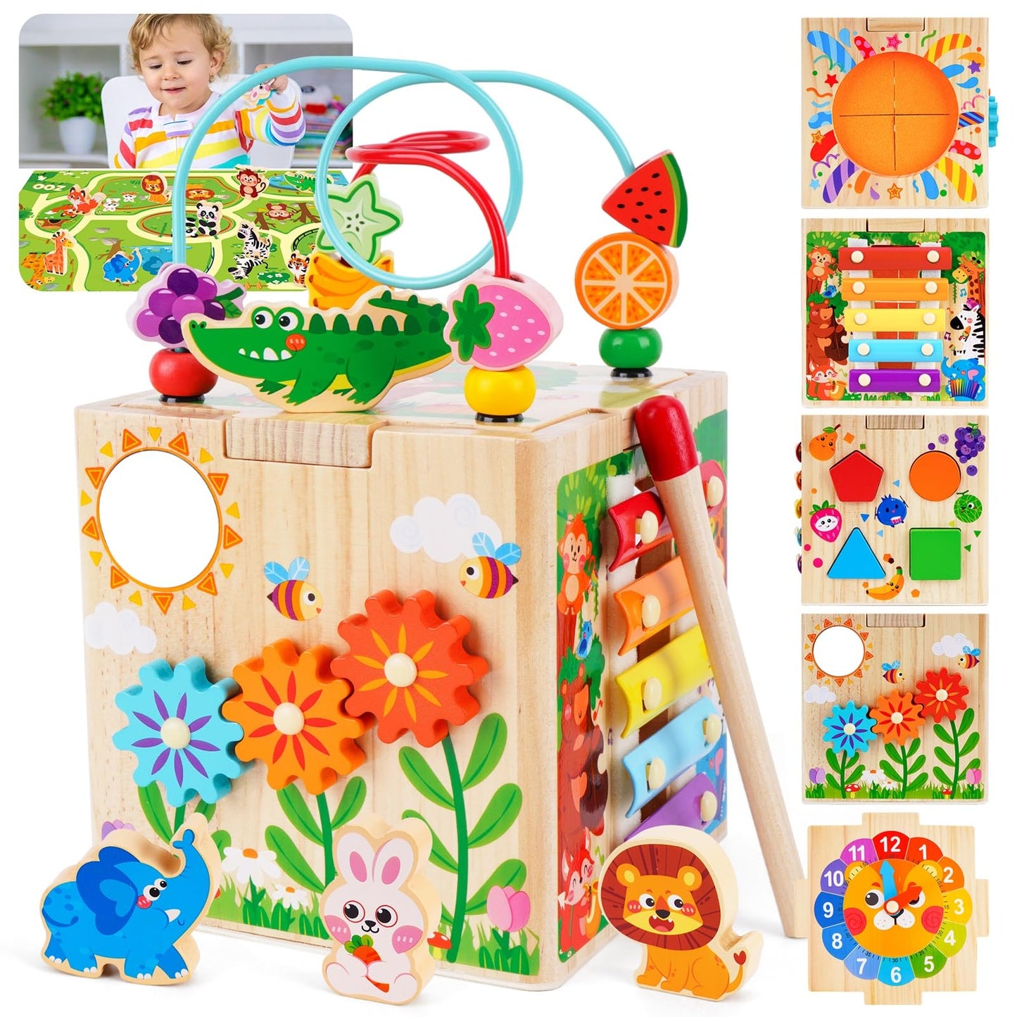 KMTJT Wooden Activity Cube | Montessori Toys for 12+ Months | 7-in-1 Learning Cube