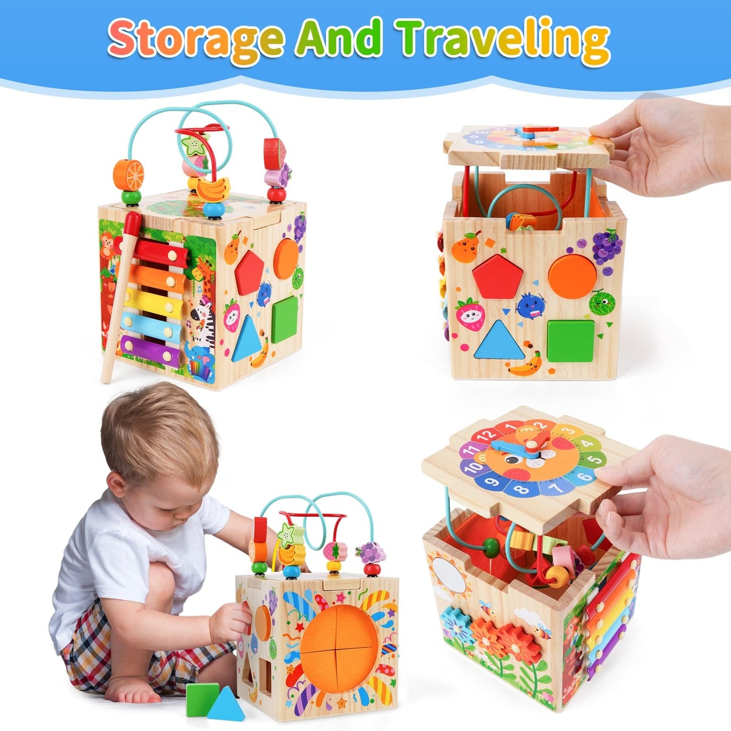 KMTJT Wooden Activity Cube | Montessori Toys for 12+ Months | 7-in-1 Learning Cube