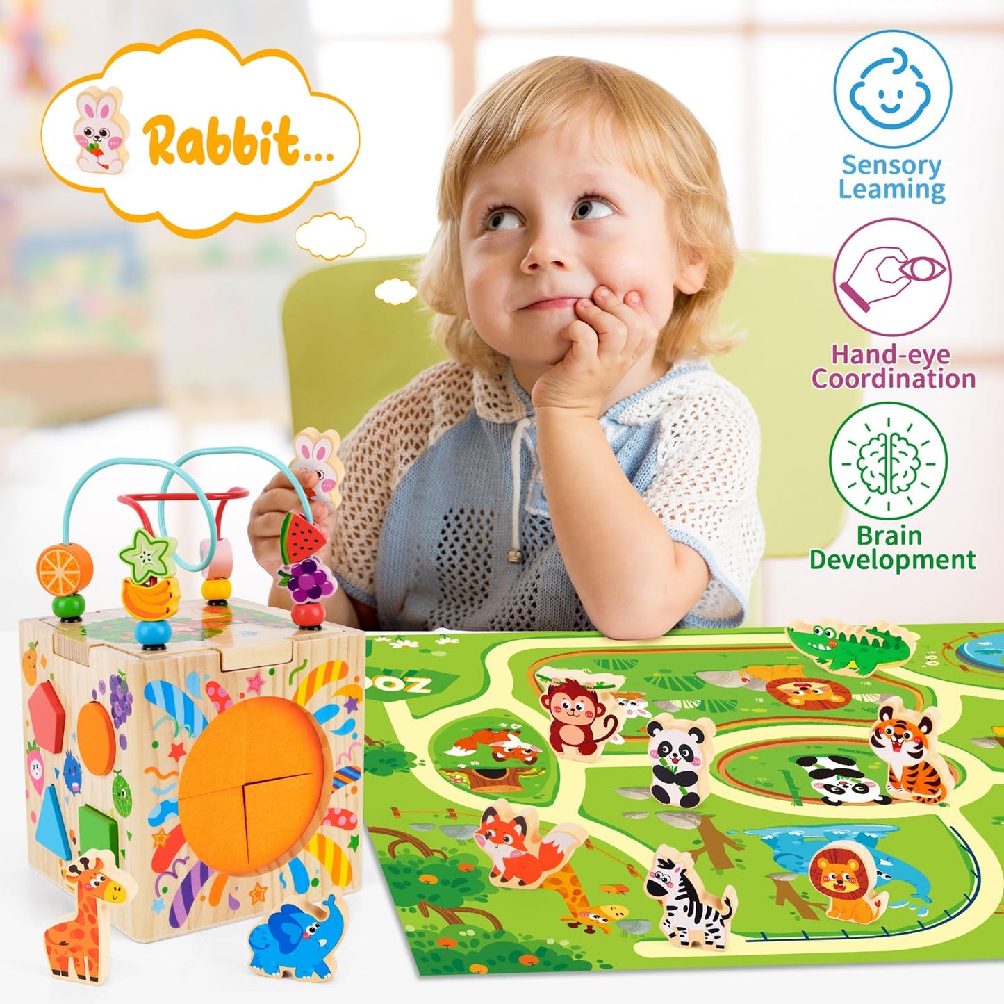 KMTJT Wooden Activity Cube | Montessori Toys for 12+ Months | 7-in-1 Learning Cube