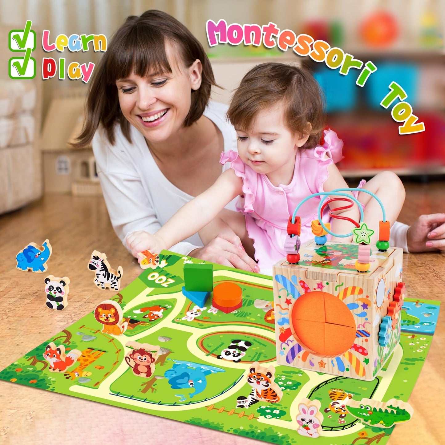 KMTJT Wooden Activity Cube | Montessori Toys for 12+ Months | 7-in-1 Learning Cube