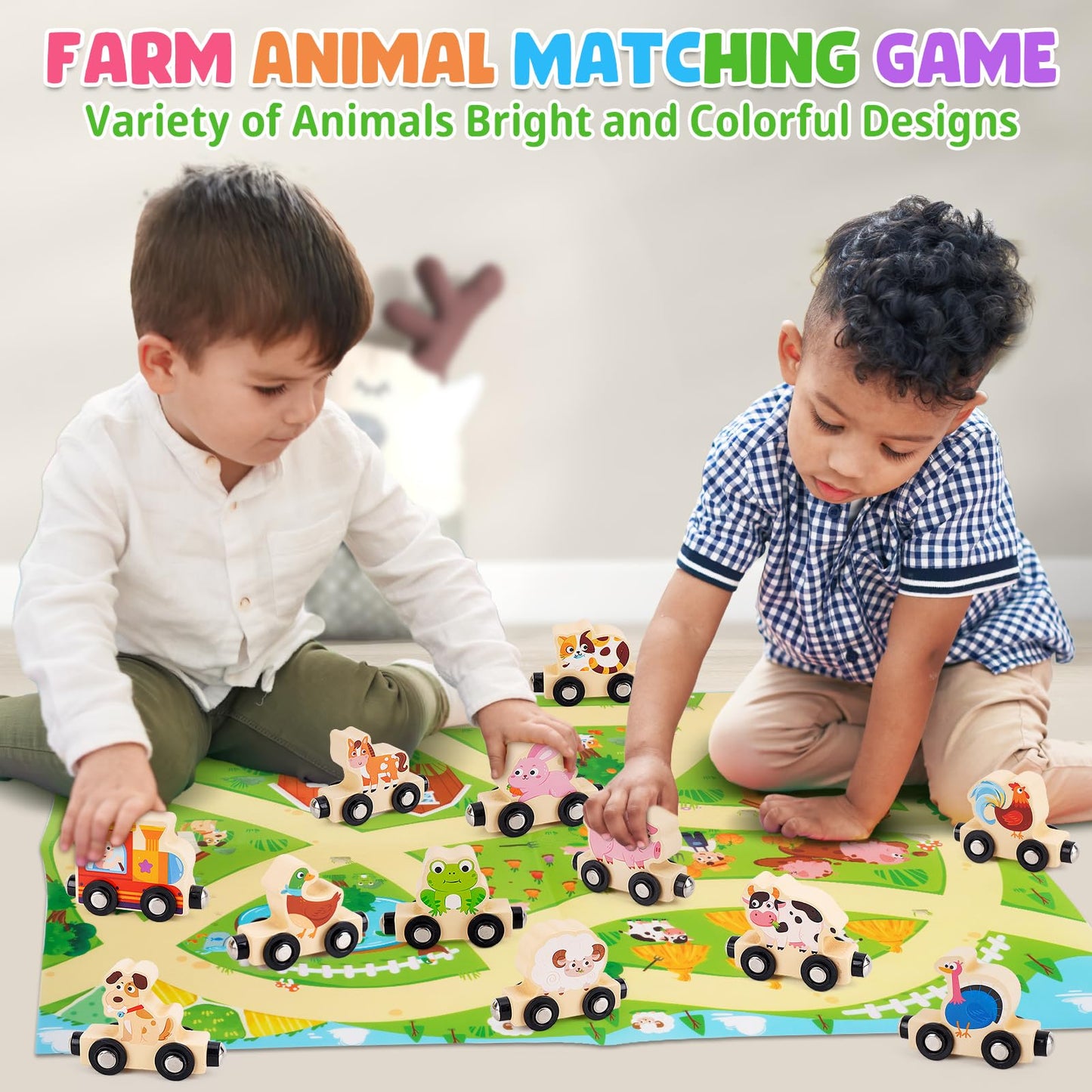 KMTJT Montessori Wooden Train Toy for Toddlers – 11 Animal Carriages + Game Map
