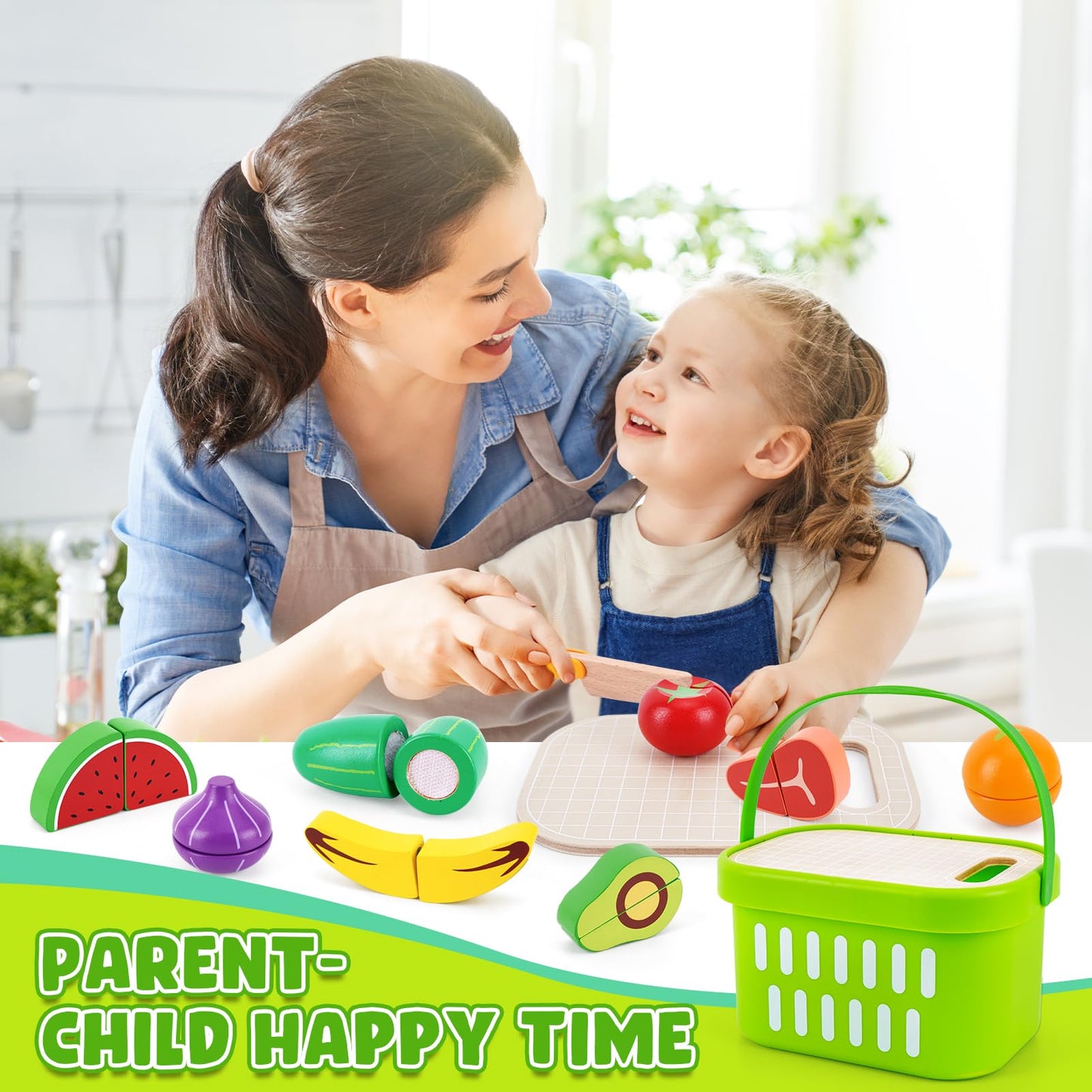 KMTJT Wooden Cutting Food Set – Pretend Play Fruits & Veggies for 1–3 Year Olds