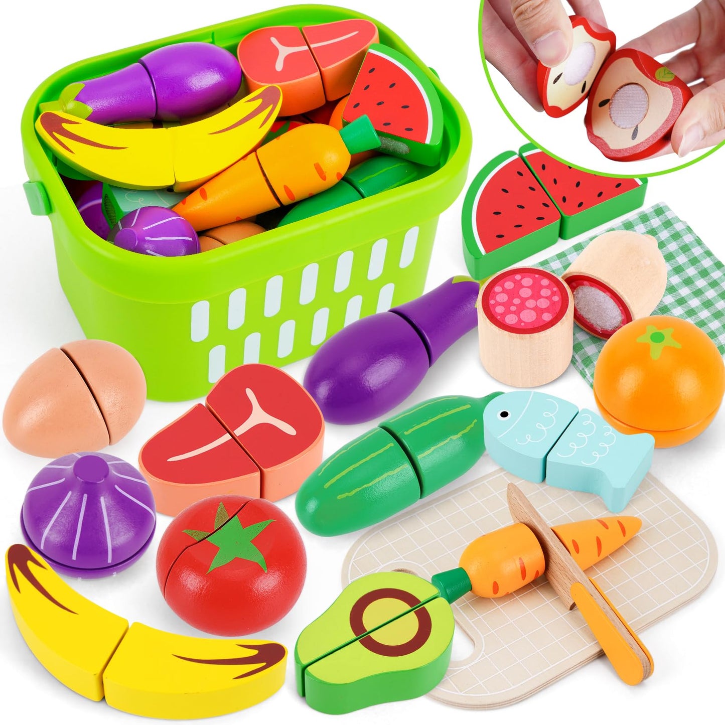 KMTJT Wooden Cutting Food Set – Pretend Play Fruits & Veggies for 1–3 Year Olds