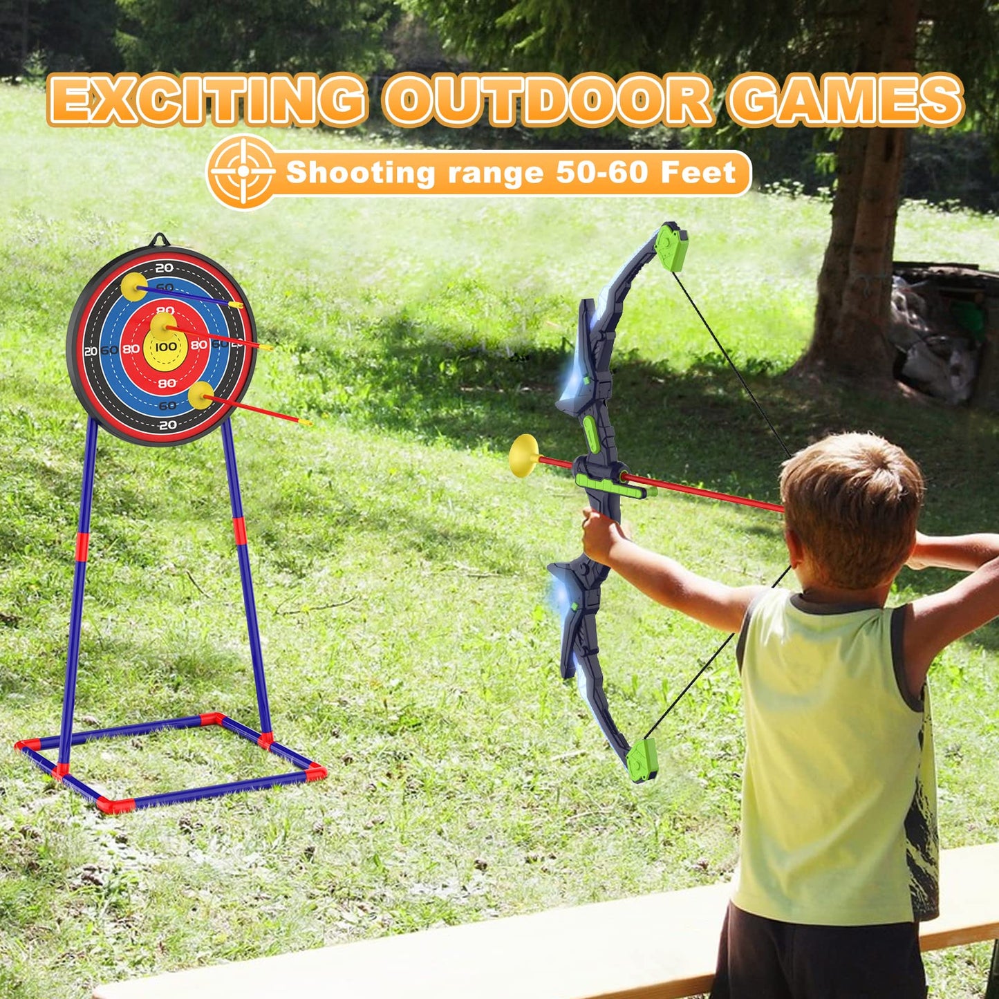 Kmuxilal 2 Pack Kids Bow and Arrow Set with LED Lights – 14 Suction Arrows & Fluorescent Target