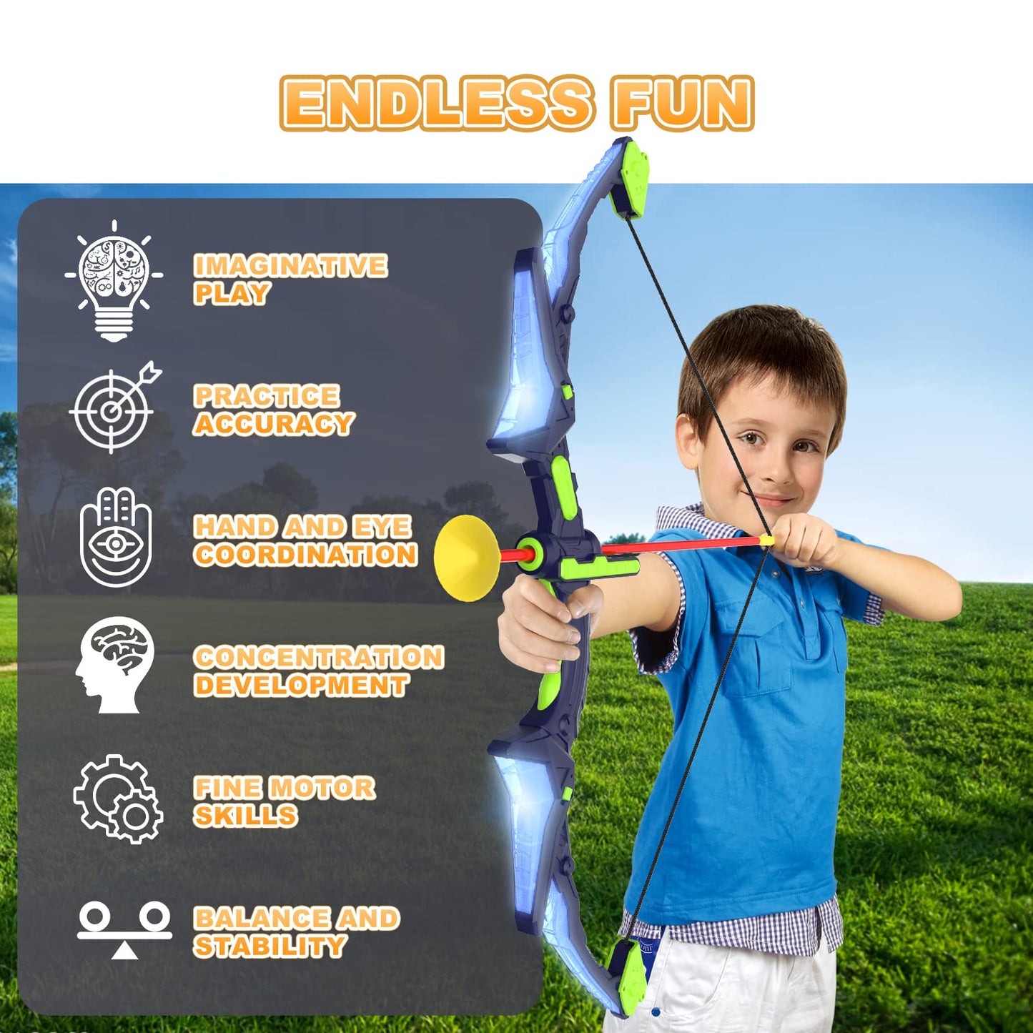 Kmuxilal 2 Pack Kids Bow and Arrow Set with LED Lights – 14 Suction Arrows & Fluorescent Target