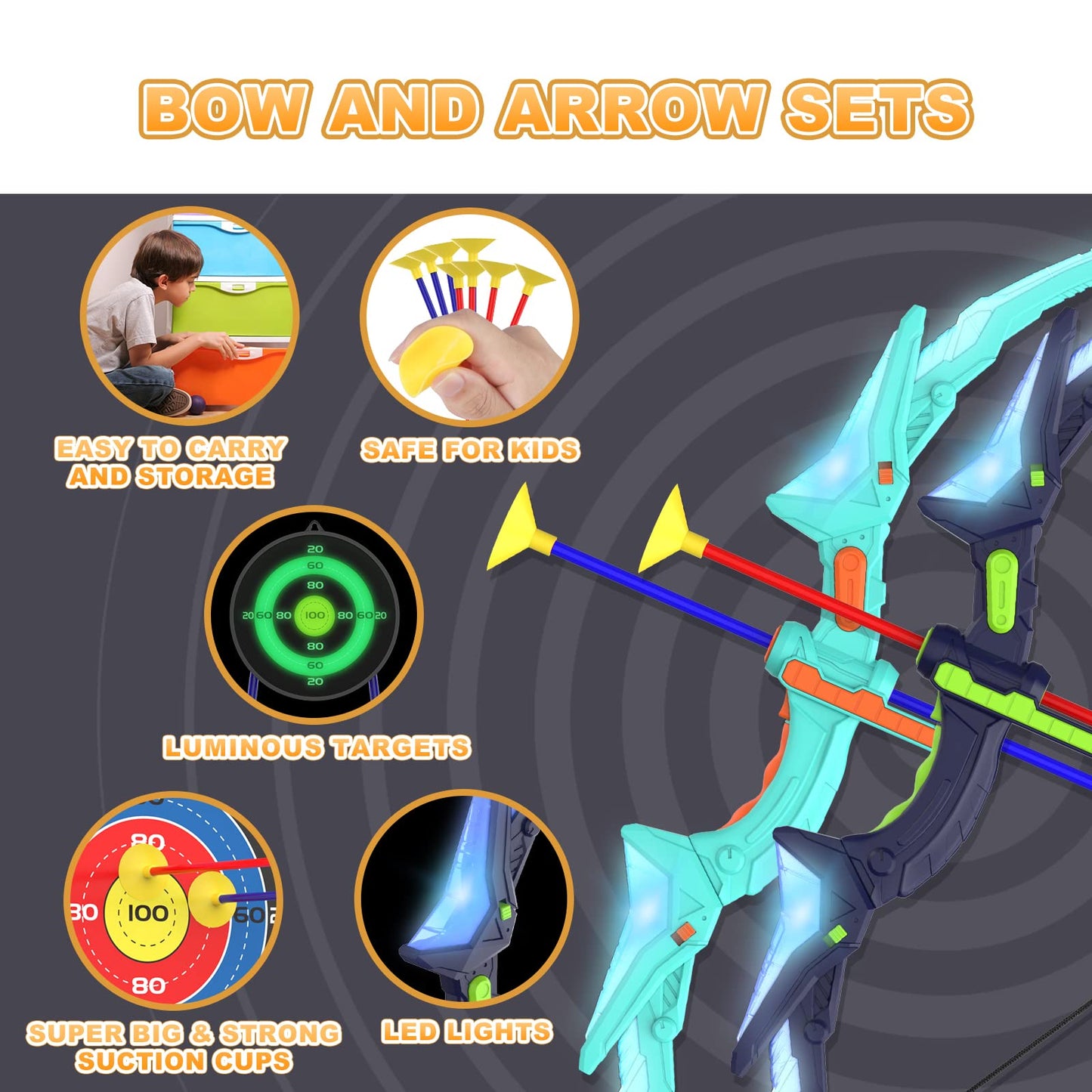 Kmuxilal 2 Pack Kids Bow and Arrow Set with LED Lights – 14 Suction Arrows & Fluorescent Target