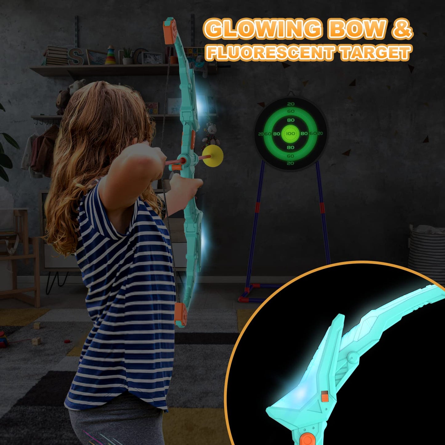 Kmuxilal 2 Pack Kids Bow and Arrow Set with LED Lights – 14 Suction Arrows & Fluorescent Target