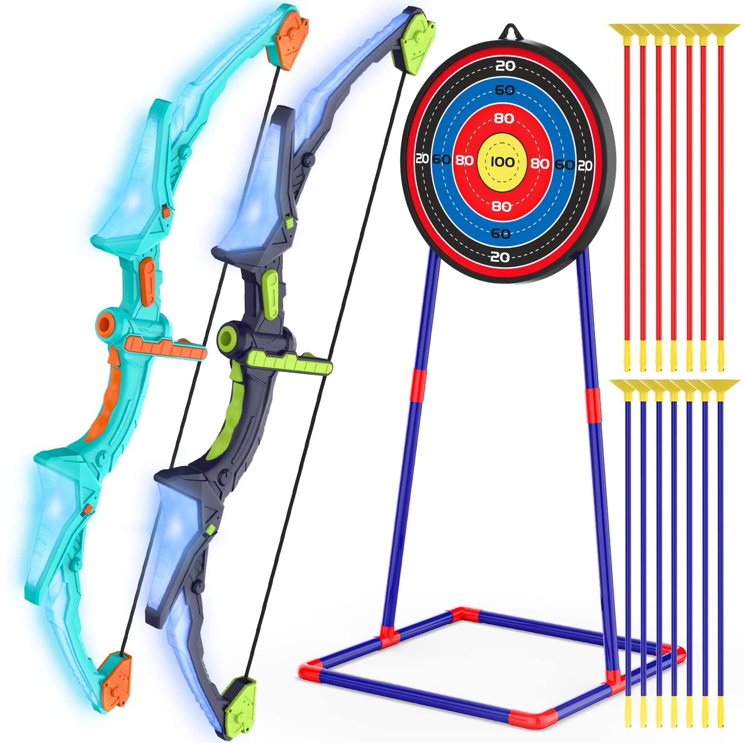 Kmuxilal 2 Pack Kids Bow and Arrow Set with LED Lights – 14 Suction Arrows & Fluorescent Target
