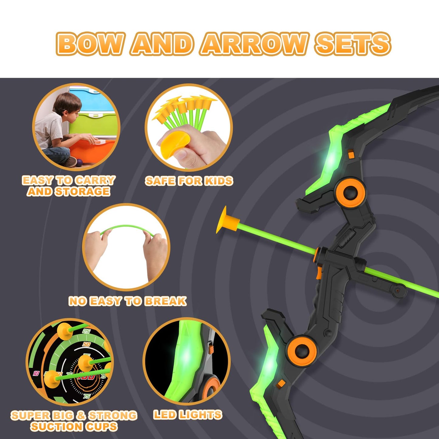 Kmuxilal Kids Bow and Arrow Set with LED Lights | Indoor & Outdoor Archery Toy Gift (Ages 4-12)